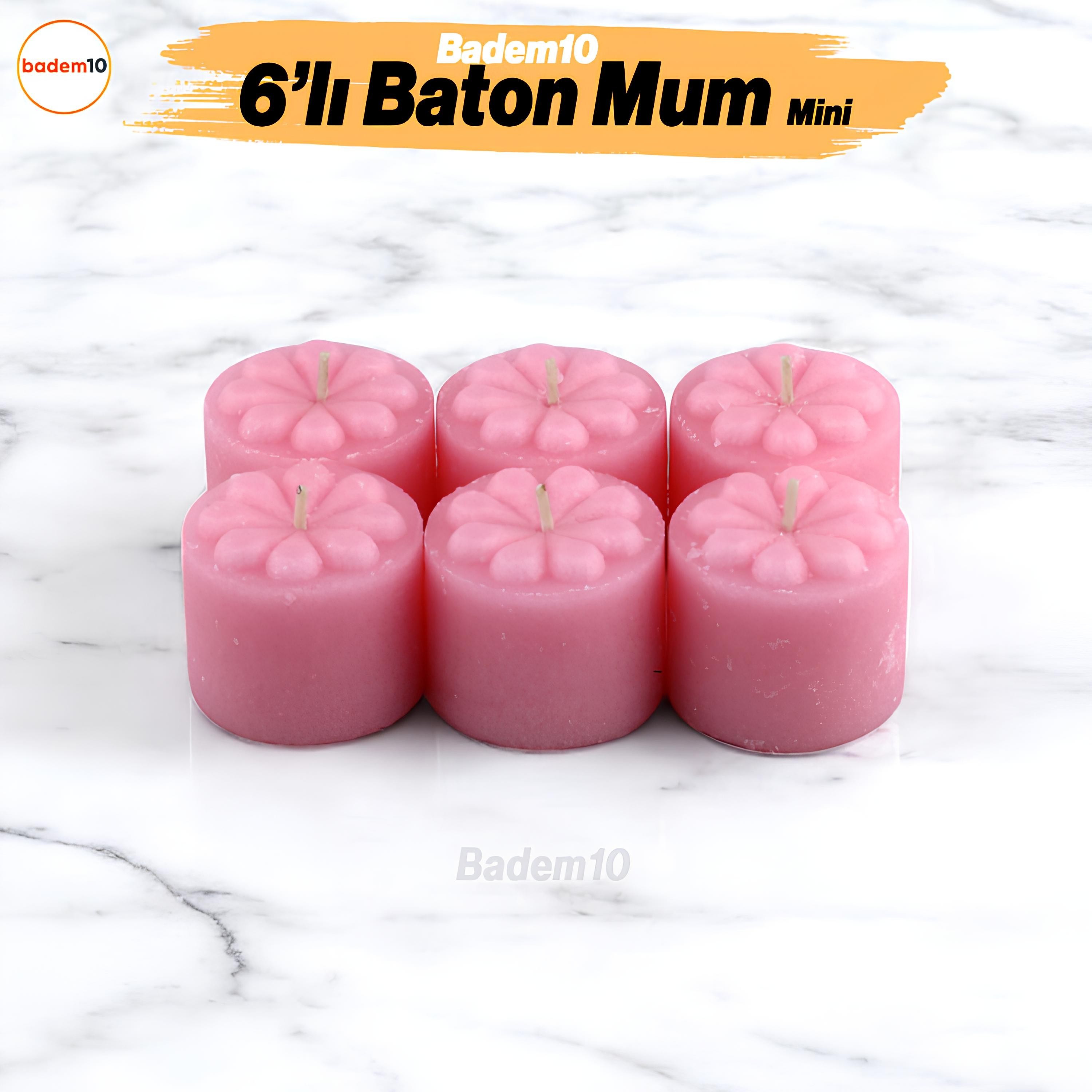 Baton Mum Mini 6'lı Pembe Silindir Dekoratif Mumu Kandil Hediyelik Fitilli Mumlar Şamdan Kokusuz