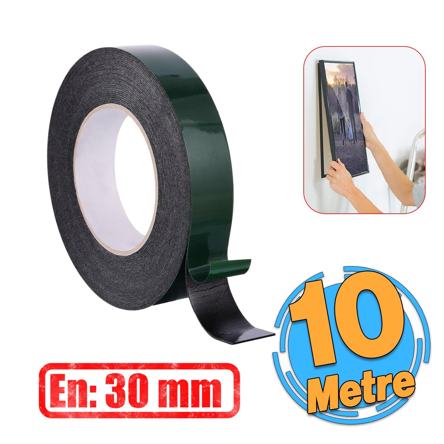 Çift Taraflı Köpük Sünger Bant Eva Montaj Bandı Siyah 30 mm x 10 Metre Etil Vinil Asetat 1 Adet