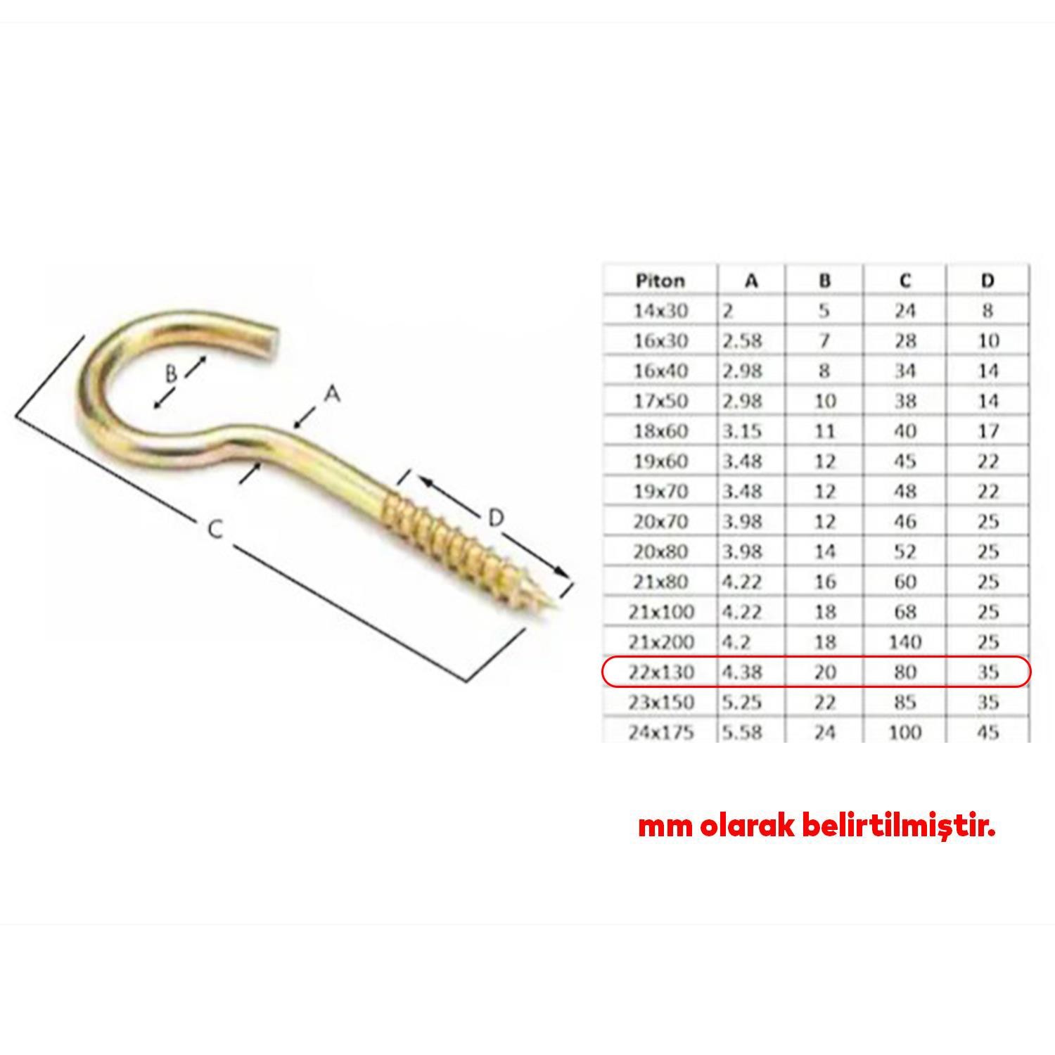 Metal Piton Vidalı Gerdirme 22x130 Çekme Kaldırma Tavan Açık Ağız Kancalı Avize Asma Kiti 5 Adet