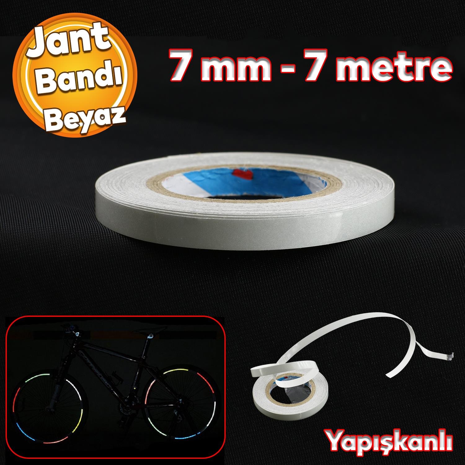 Yapışkanlı Neon Bisiklet Motosiklet Araba Jant Bandı 7 mm X 7 metre Beyaz Reflektif Parlayan Bant