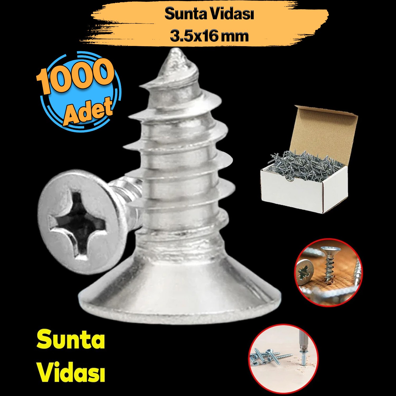 Sunta Vidası 3.5x16 Mm Paket 1000 Adet Sivri Uçlu Ahşap Tahta Ağaç Mobilya Ayak Kulp Vidası