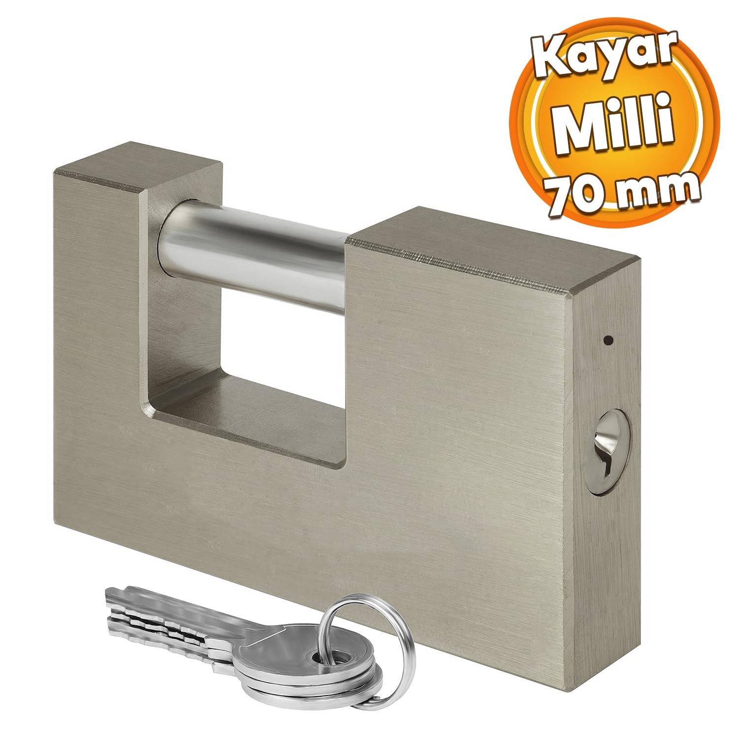 Kepenk İşyeri Kapısı Kilidi Yassı Kayar Milli Saten Asma Kilit Kapı Emniyet 70 mm 3 Anahtarlı Metal