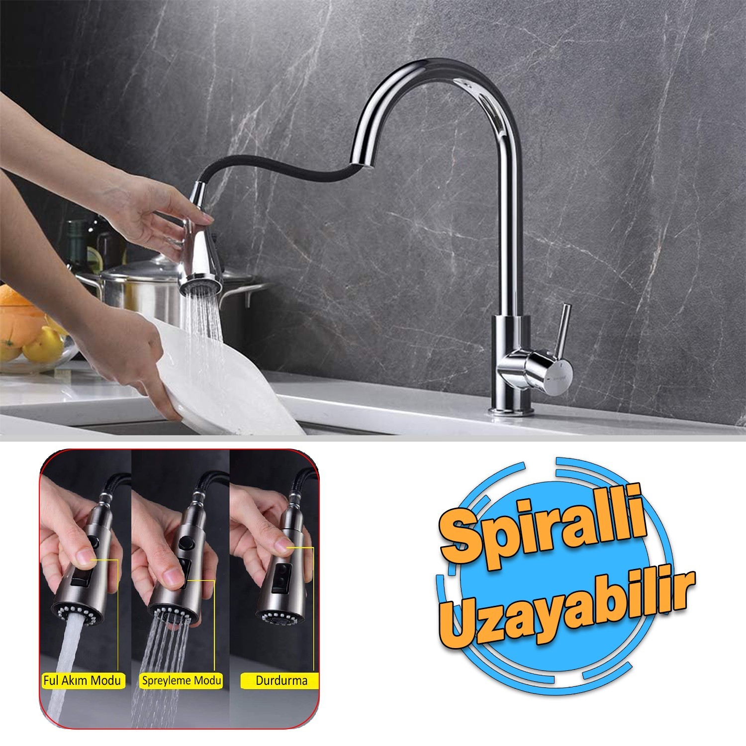 Spiralli Evye Batarya Krom Lavabo Banyo Mutfak Musluğu Musluk Mermer Tezgah Üstü Çift Su Giriş Evye