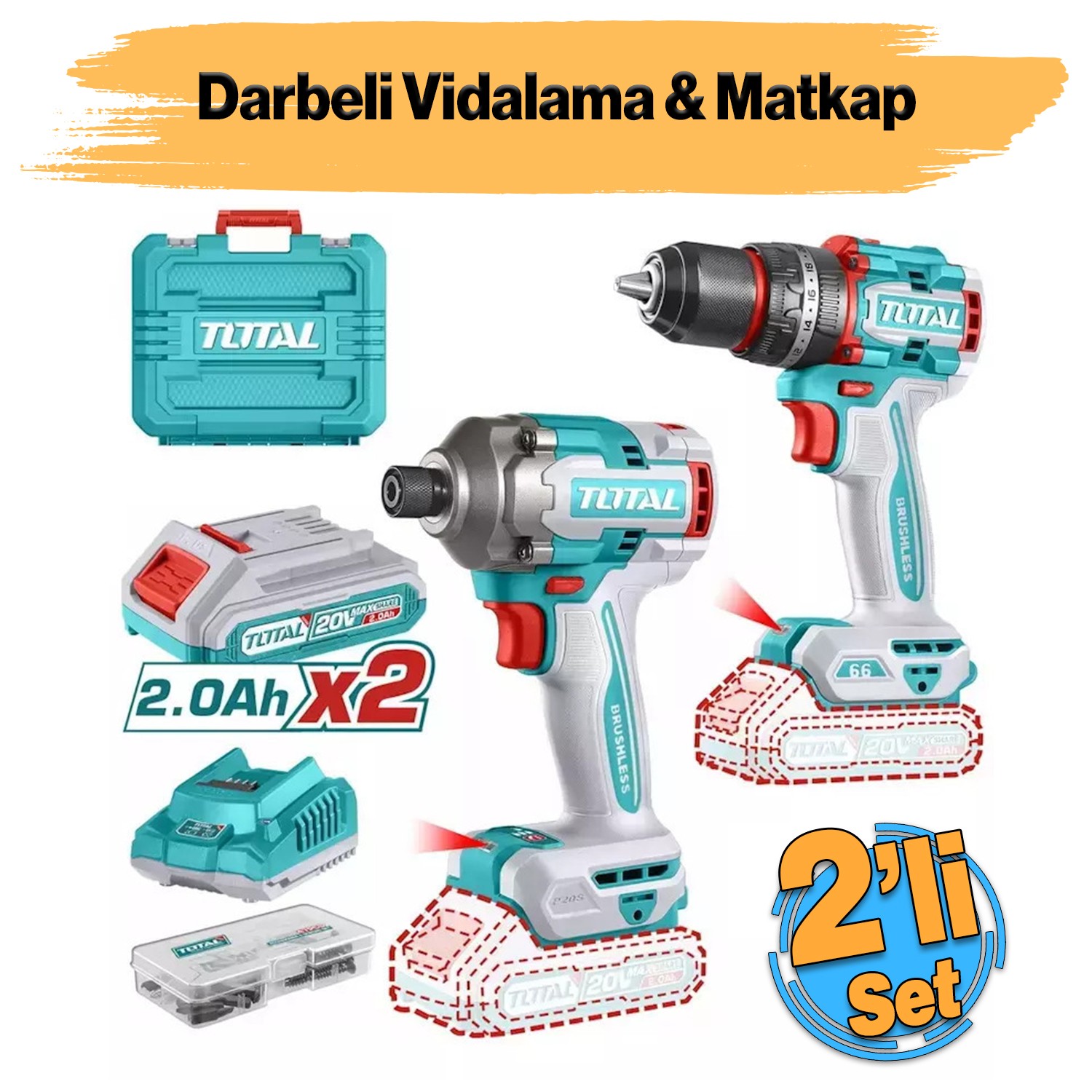 Şarjlı Akülü Vidalama Matkap 2'li Set 20 V 4.0 Ah Batarya Darbeli Vidalama Matkap Vida Sıkma Sökme