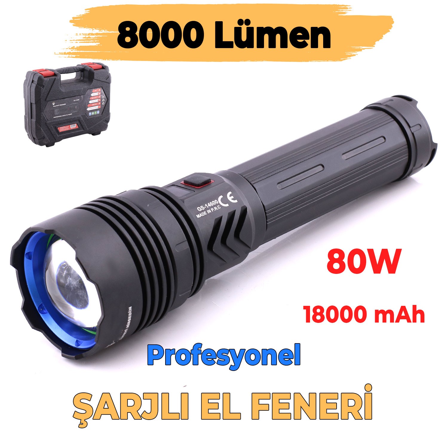 El Feneri Metal Kasa 8000 Lümen 80W Zoomlu Uzun Menzil Şarjlı Powerbank Ledli Işık Lambası Kamp