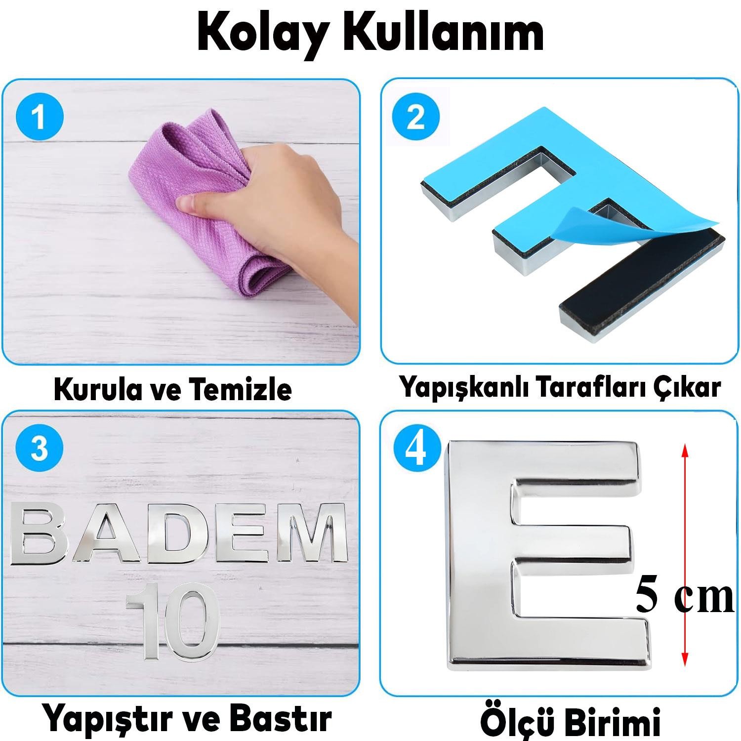 Harf Yapışkanlı E Harfi 5 cm Kapı Oda Posta Kutusu Oto Araç Harfi Yazısı Parlak Krom Gümüş 