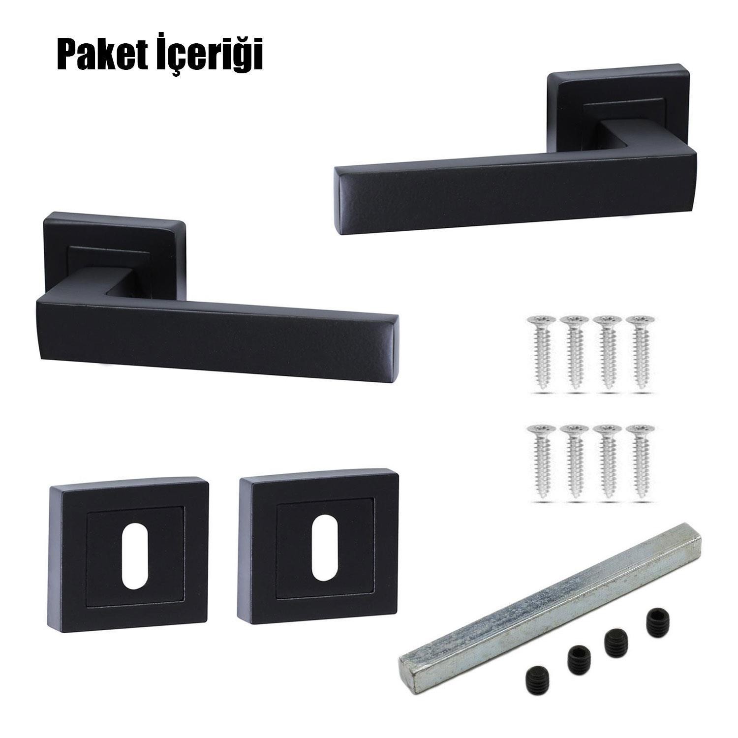 Avanti Mat Siyah Kare Rozetli Oda Kapı Kolu Metal Sağa Sola Uygun (2 TAKIM)