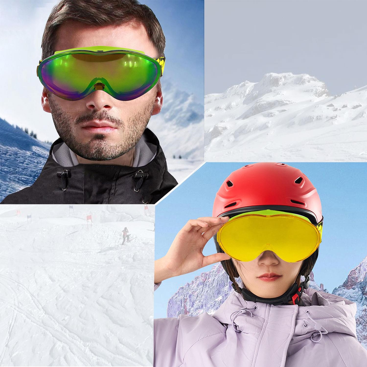 Bellasimo Kayak Gözlüğü Değiştirebilir Camlı Antifog Güneş Kar Gözlük Gökkuşağı Snowboard Glasses Gözlük+1 Adet Yedek Cam (Sarı)