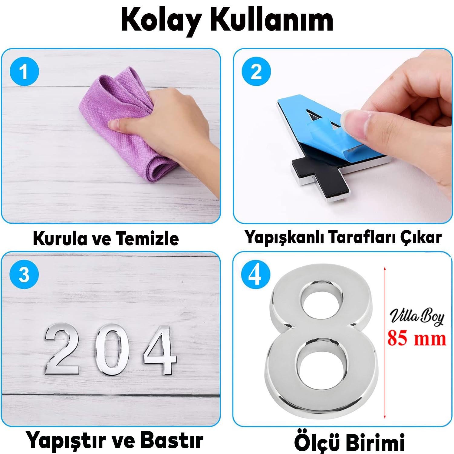 Kapı Numarası Büyük Boy 85 mm Numara 8 Krom Parlak Yapışkanlı Rakam Sayı Numaraları