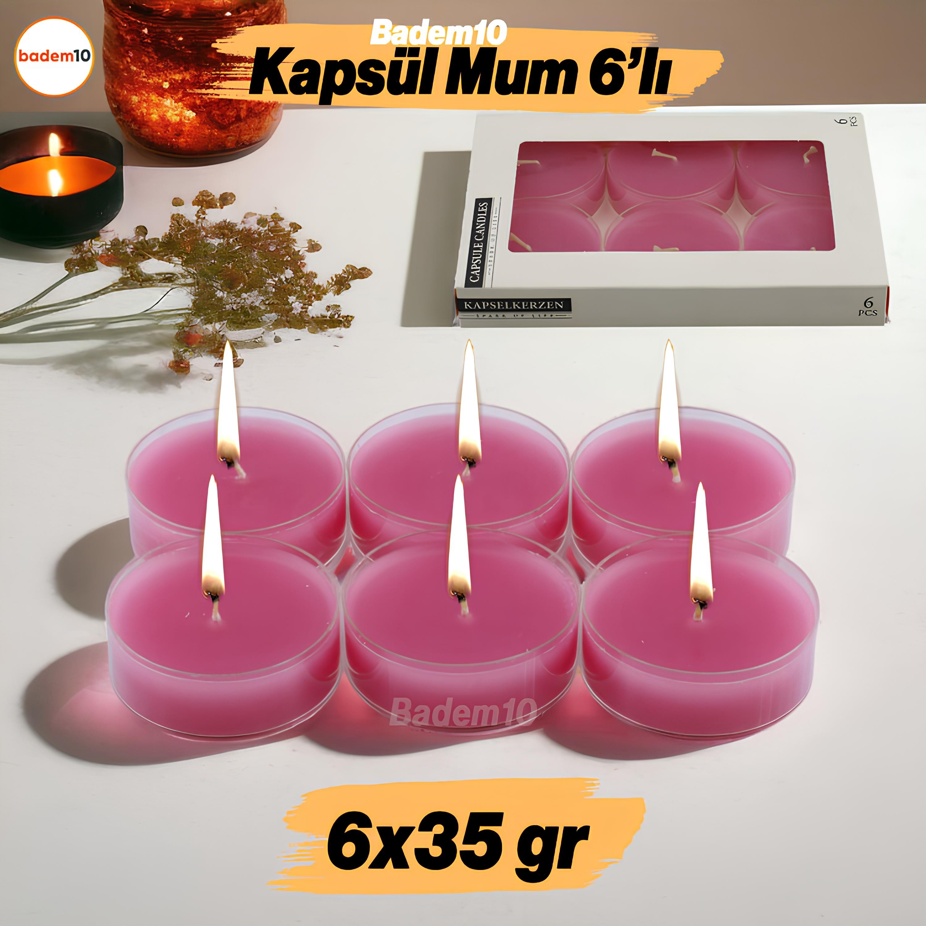 Tealight Kapsül Mum 6x35 Gr Dekoratif Mumu Kandil Hediyelik Fitilli Mumluk Şamdan Pembe Renk Kokusuz