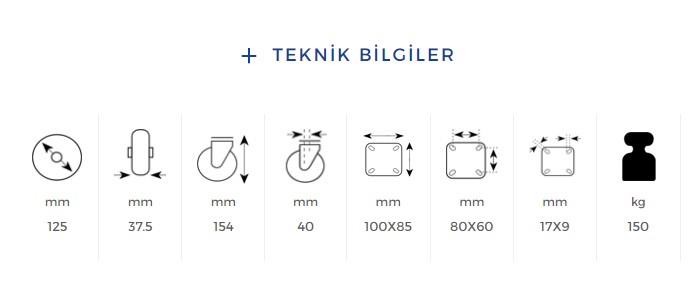 Kama Frenli Oynak Tablalı 125x40 mm Teker Poliamid Beyaz Burçlu Ağır Yük Tekeri