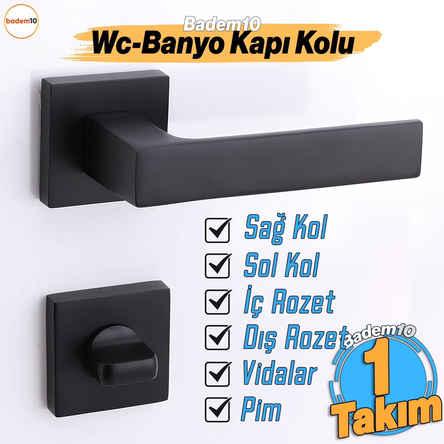 Paytak WC Banyo Siyah Kapı Kolu Kare Rozetli Sağa Sola Uygun İç Dış Wc Kapısı Kilitlenebilir 1 Takım