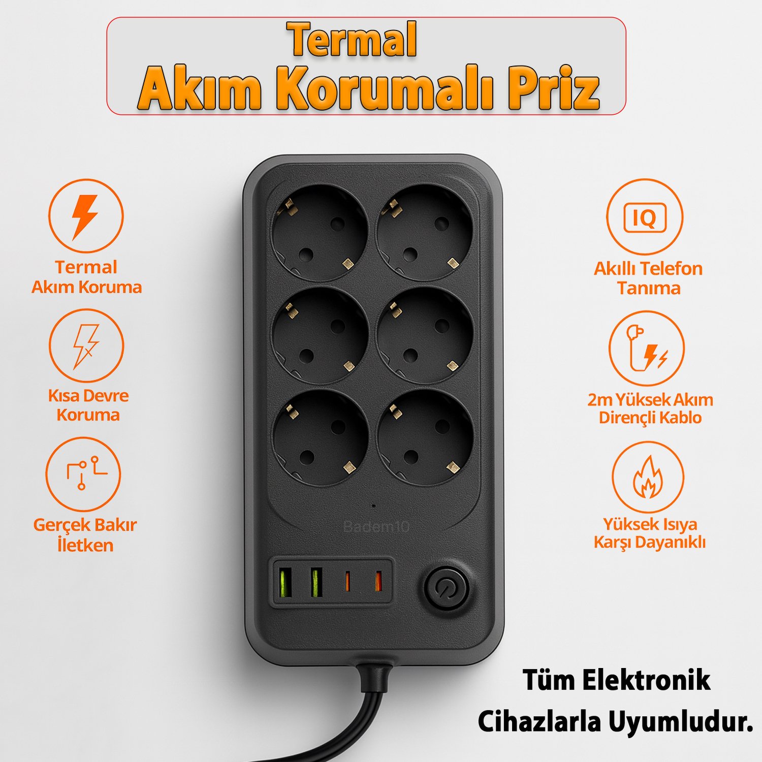 6 Prizli 4 USB Girişli Akım Korumalı Topraklı Golyat Grup Şarj Fiş Priz 2 Metre Uzatma Kablosu