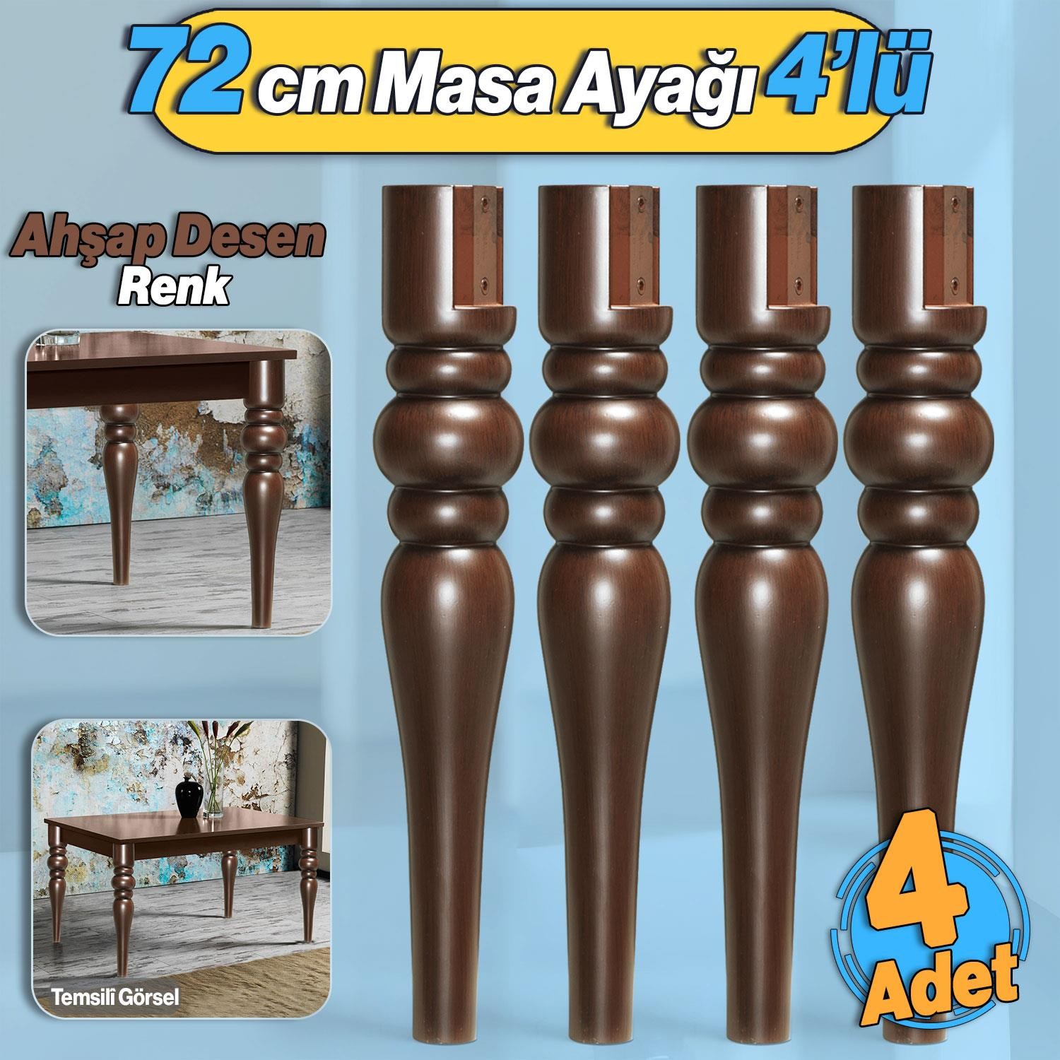 4 Adet Marina Masa Dresuar Ayağı 72 cm Plastik Ahşap Desenli Mutfak Yemek Masası Mobilya Ayakları