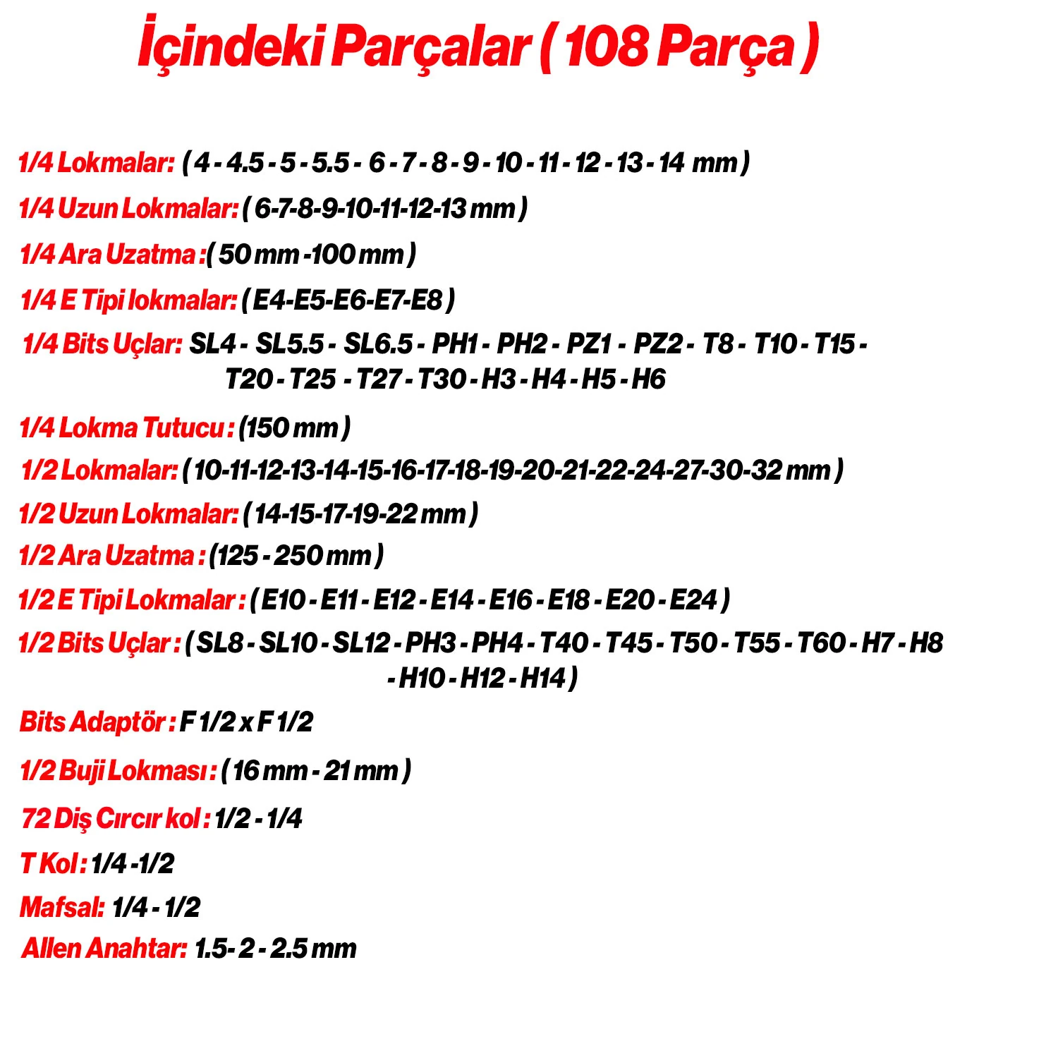 Lokma Seti 108 Parça 1/2'' 1/4'' Cr-V Çelik 6 Köşe Lokma Anahtar Takımı Profosyonel Tamir Seti