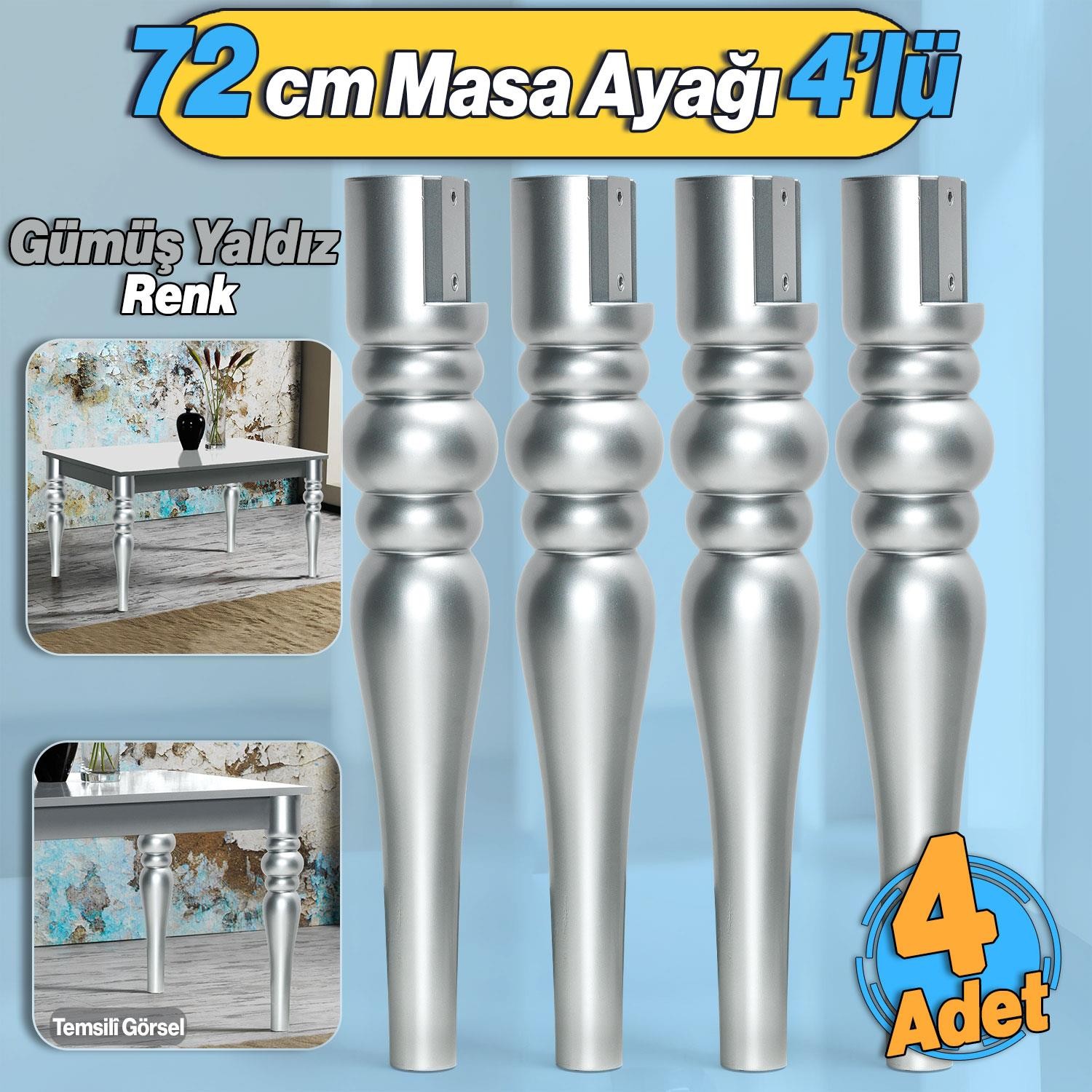 4 Adet Marina Masa Dresuar Ayağı 72 cm Plastik Ayak Gümüş Gri Mutfak Yemek Masası Mobilya Ayakları