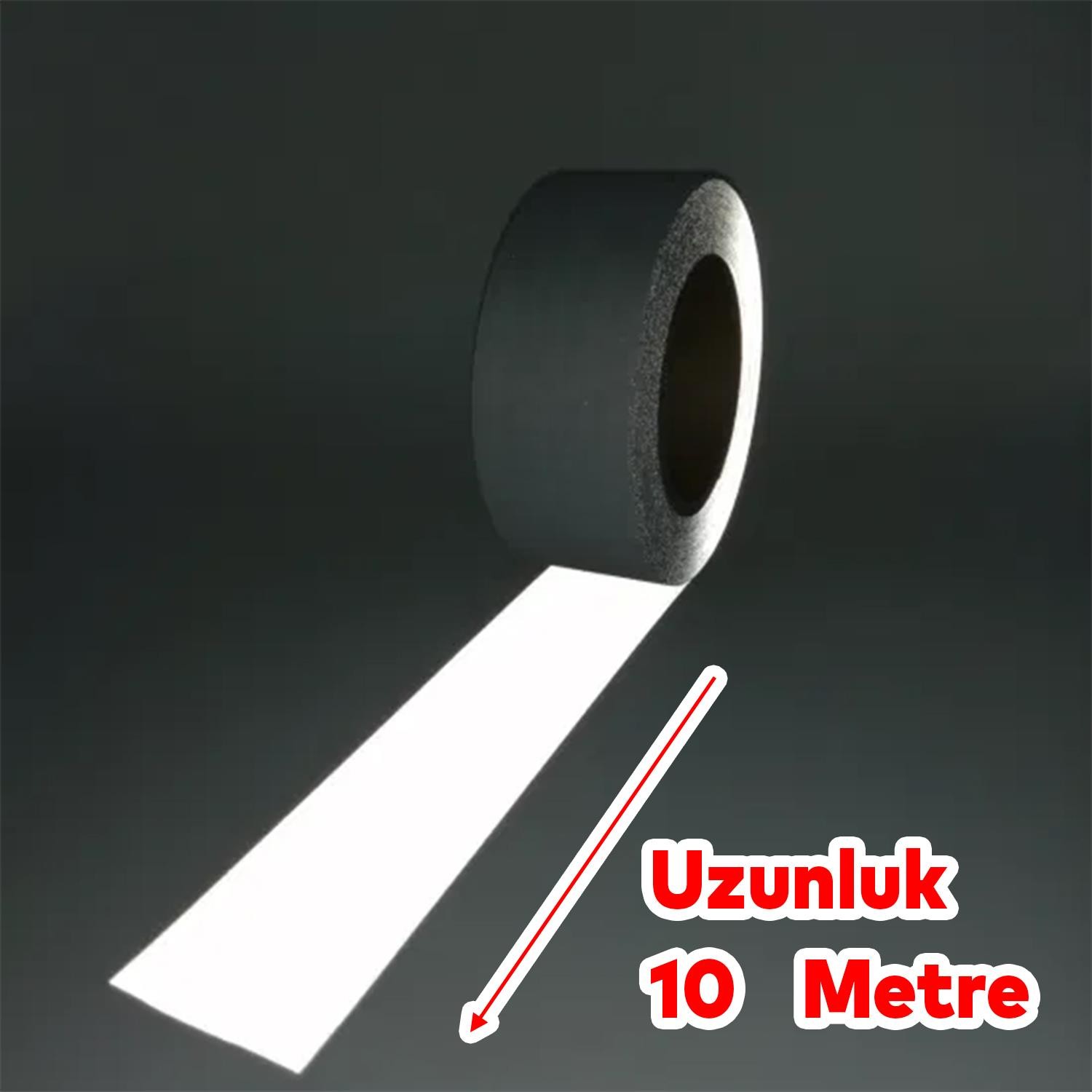 Düz Desensiz En 7.5 cm 10 Mt İkaz Bandı Reflektif Metalize Gri Renk Gece Parlayan Reflektörlü Bant