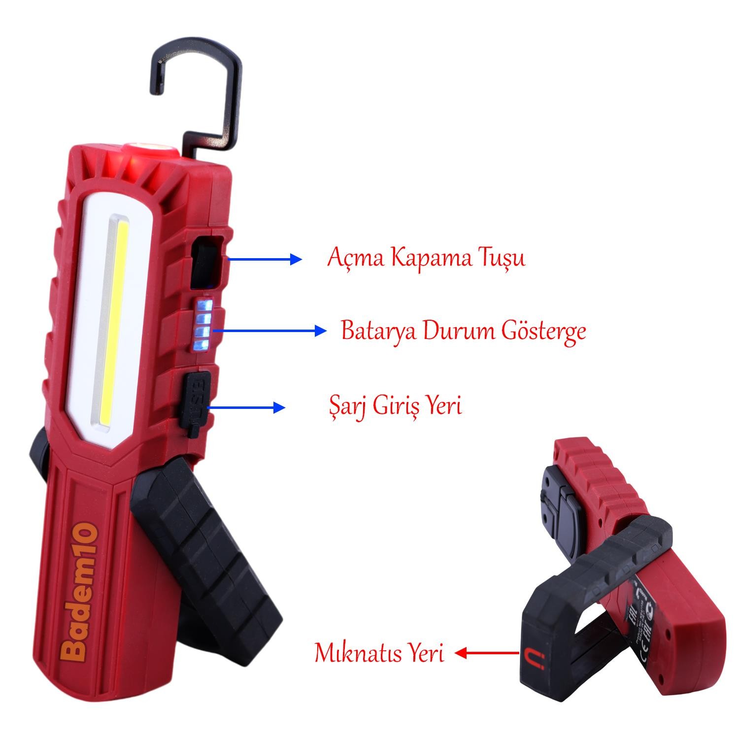 Mıknatıslı İş Lambası Led El Feneri Askılı Işıldak Kamp Lambası 5+1 W Şarjlı Gece Lambası 4400 mAh