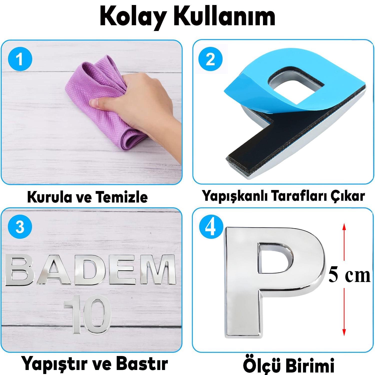 Harf Yapışkanlı P Harfi 5 cm Kapı Oda Posta Kutusu Oto Araç Harfi Yazısı Parlak Krom Gümüş 