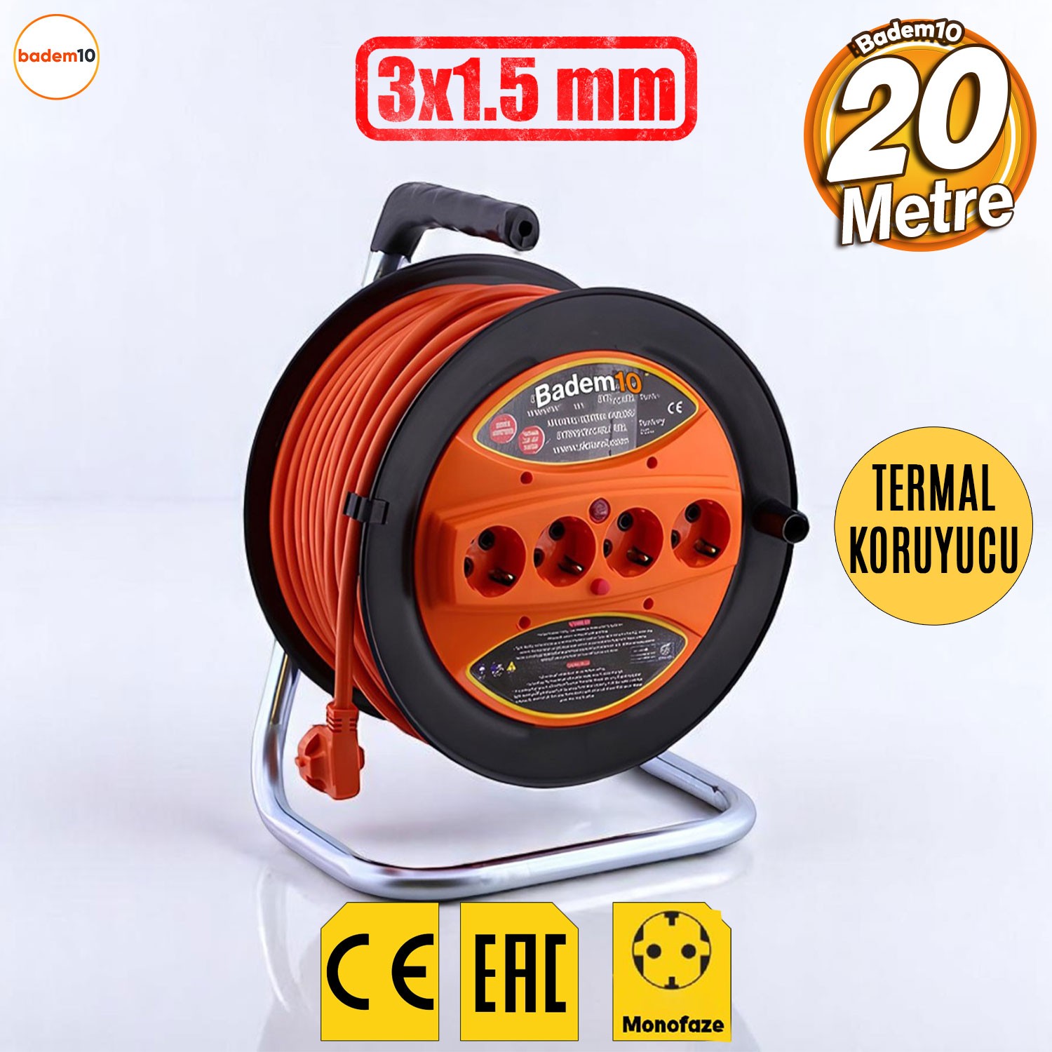 Makaralı Uzatma Kablosu 3x1.5 mm 20 Metre Termal Sigortalı Plastik Seyyar Makara 4 Prizli Monofaze