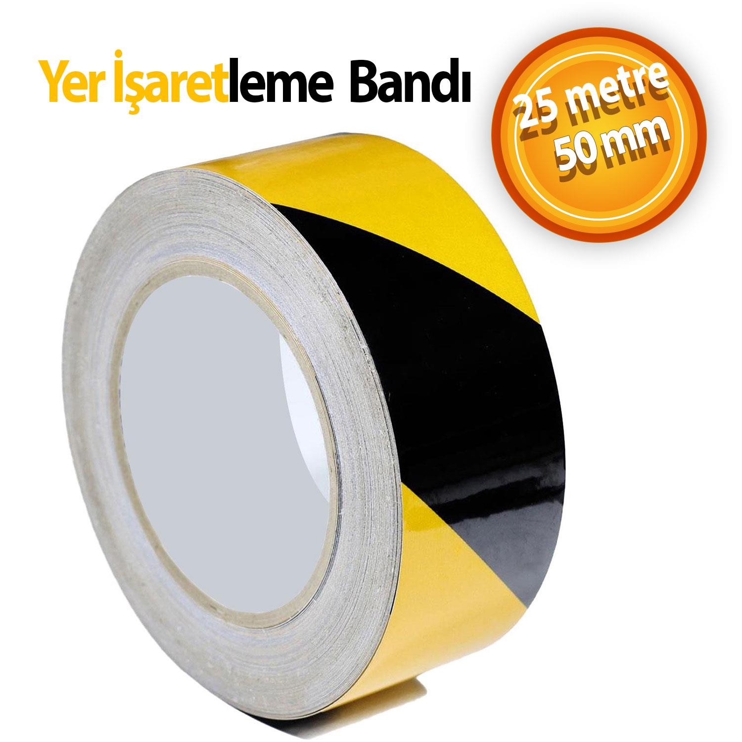 Yer İşaretleme Bandı Sarı-Siyah Pvc Emniyet Zemin İkaz Bant 50 mm x 25 MT