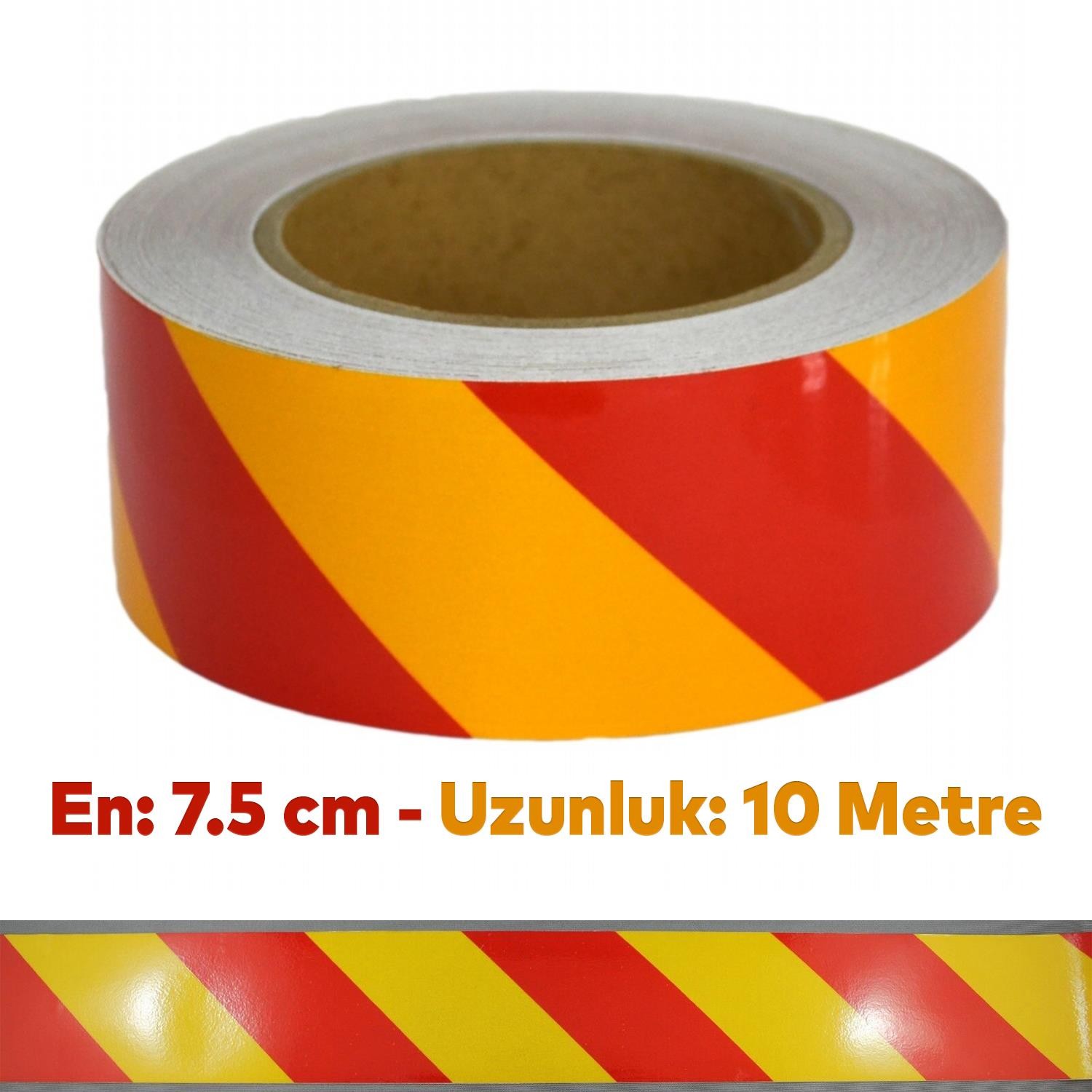 Reflektörlü Yapışkanlı Parlayan Fosfor Sarı Kırmızı Reflektif Düz Şerit Bant 7.5 cm 10 Mt İkaz Band