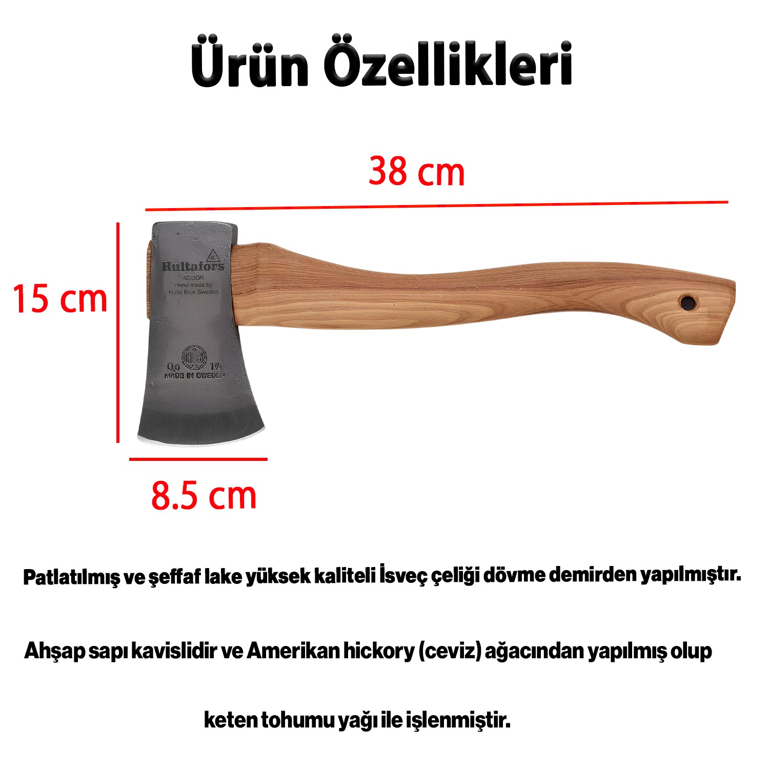 600 Gram 38 Cm El Yapımı İthal İsveç Karbon Çelik Yarma Odun Kesme Ahşap Saplı Balta Ergonomik Kamp