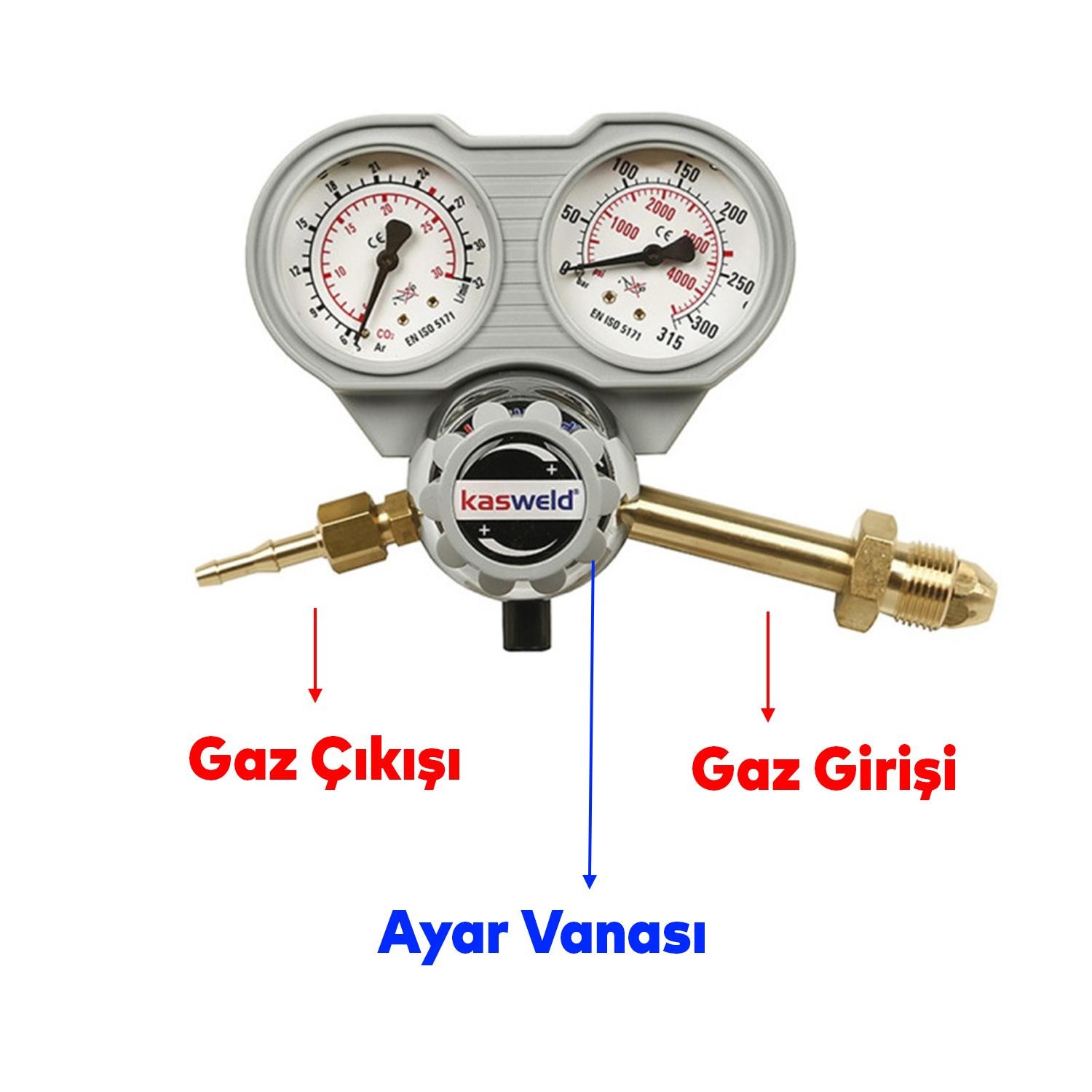 Kasweld 2103 Serisi Argon Gaz Basınç Düşürücü Çift Manometreli Tüp Regülatör Lülesi Kaliteli