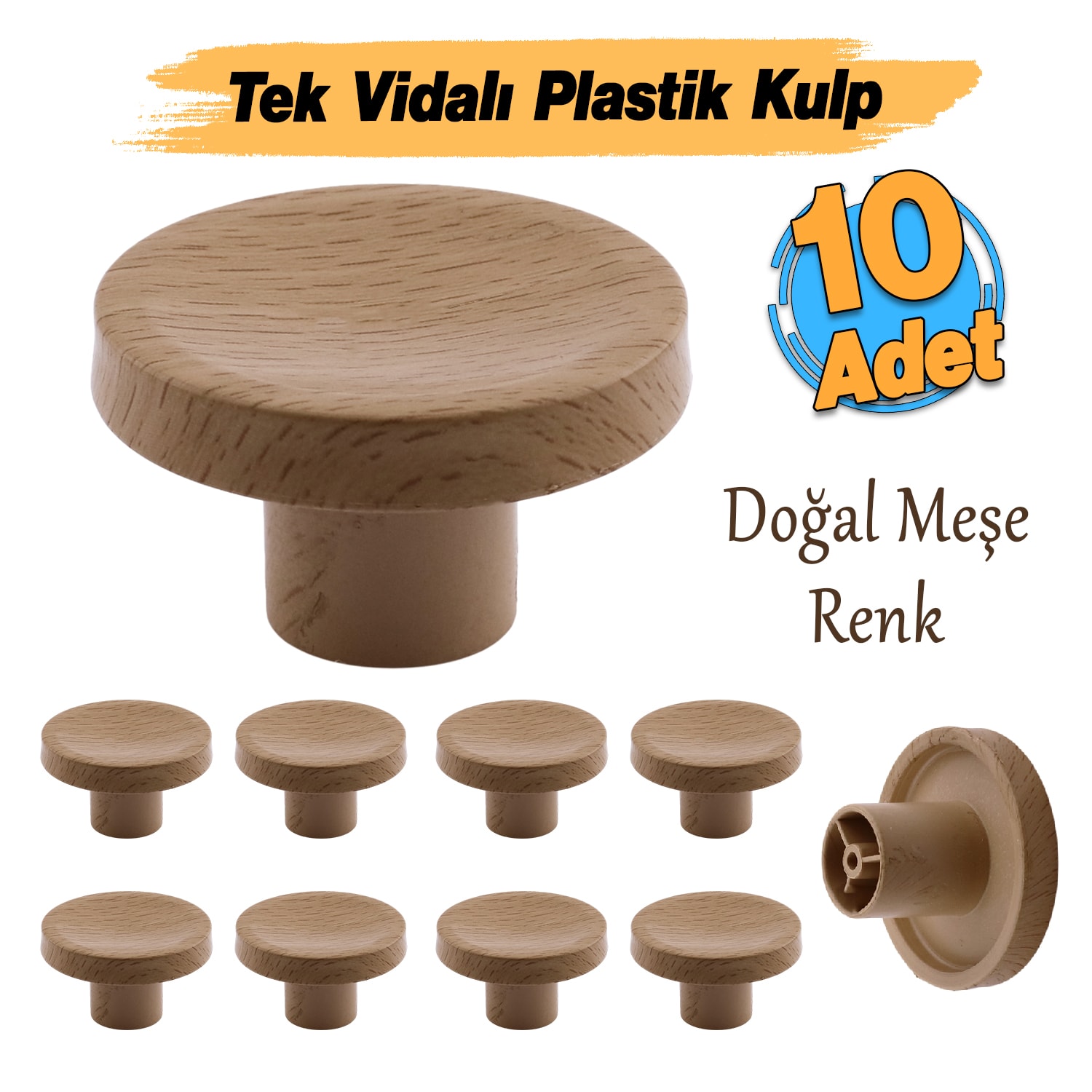 Tek Vidalı (10 Adet) İç Bükey Plastik Düğme Kulp Doğal Meşe Renk Mobilya Dolap Çekmece Kulpu Kulbu