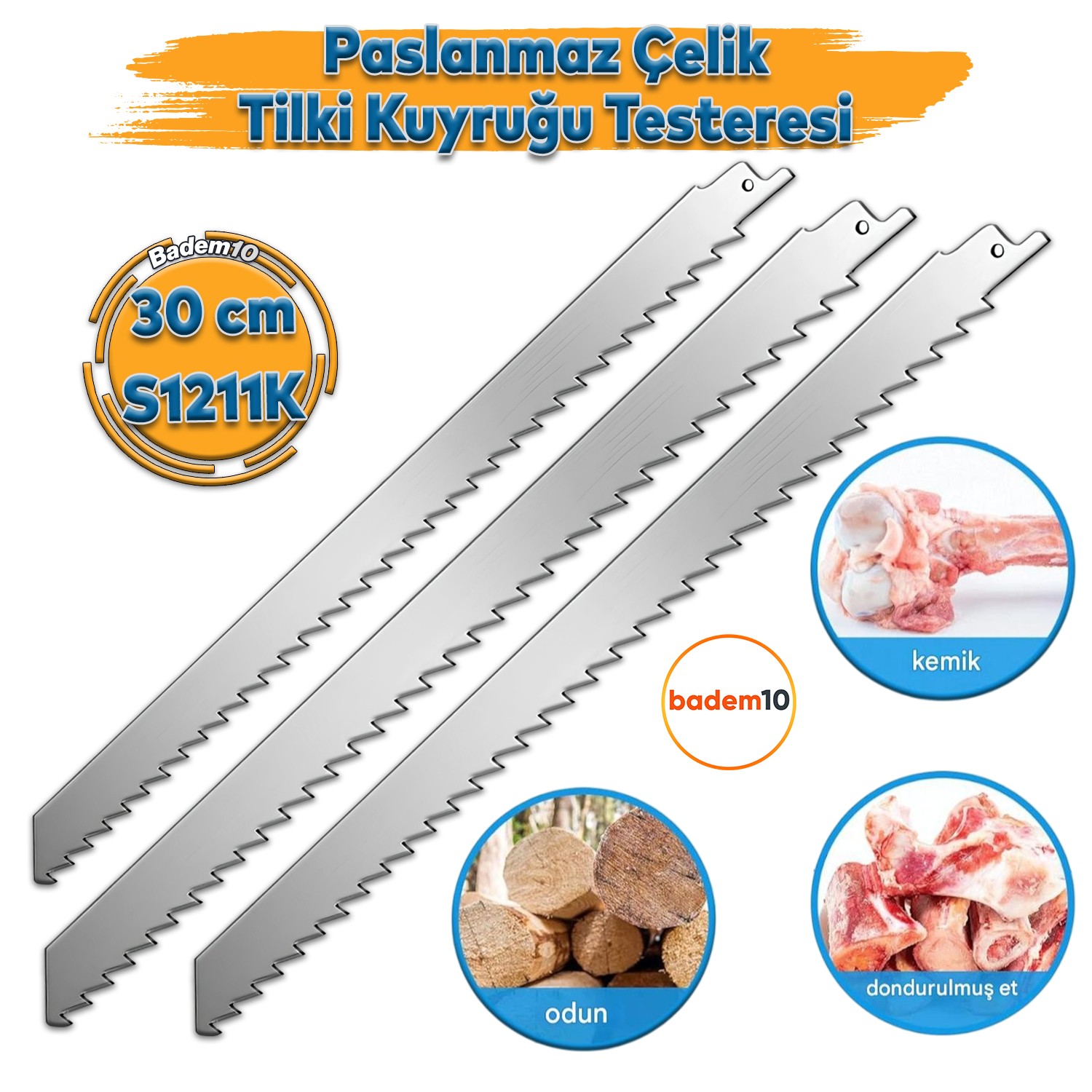 Tilki Kuyruğu Kurban Et Kemik Kesme 3'lü Testeresi Çelik Bıçak Buz Kesme Bıçağı Ağzı Ucu 30 cm