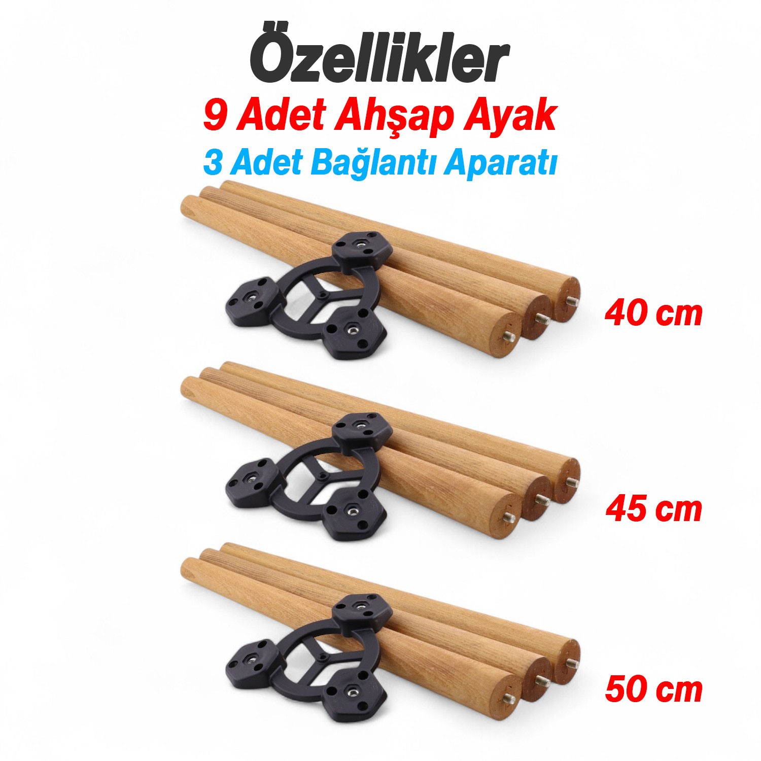 Sehpa Ayak Takımı 3'lü Set Silindir Mobilya Ayağı Aksesuar Ayakları Kahverengi Boyalı Doğal Ahşap