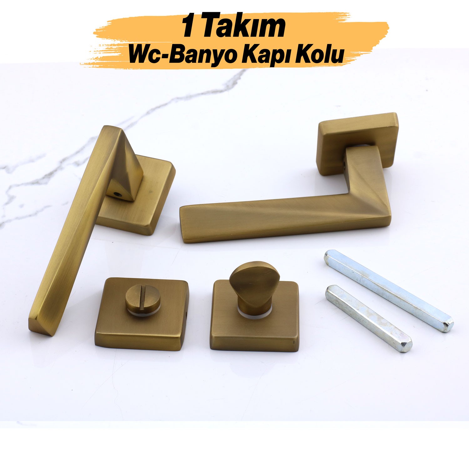 Vista Antik Sarı Wc Banyo Uyumlu Kapı Kolu Kare Rozetli Kapı Kulpu Sağa Sola Uygun Kapı Kolları