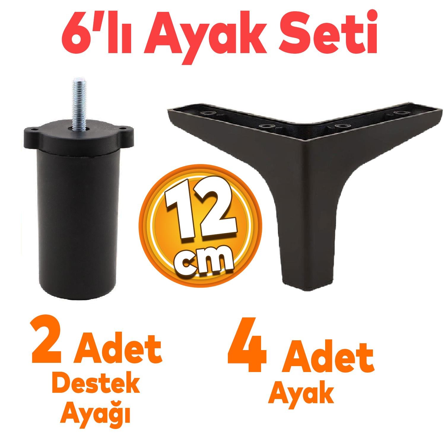 Sedef 6'lı Set Mobilya TV Ünitesi Çekyat Koltuk Kanepe Destek Ayağı 12 cm Siyah Baza Ayak M8 Destek