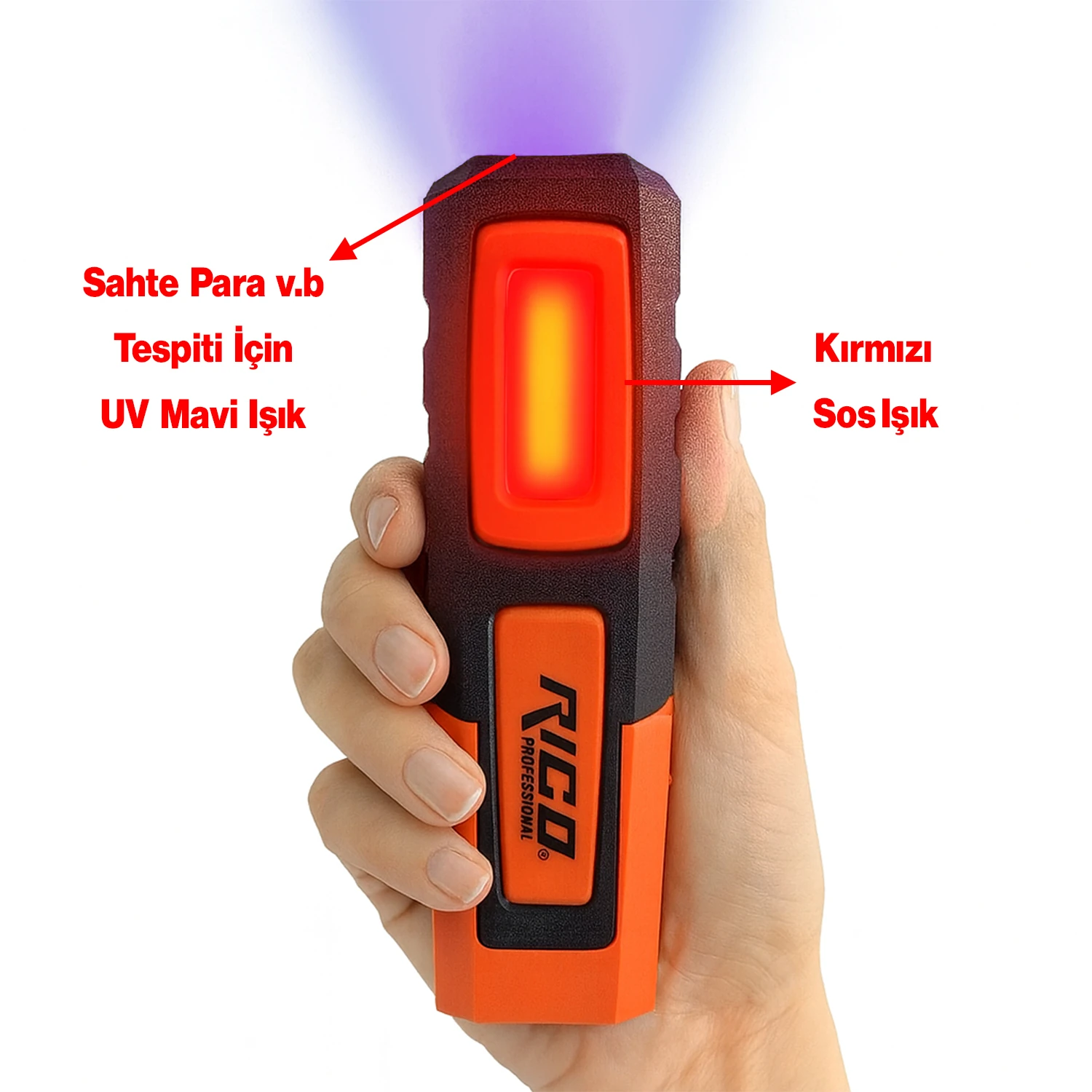 Mıknatıslı Şarjlı Ledli El Feneri 600 Lümen Lambası Spor Kamp Fener SOS & UV Mavi Işık Oto Tamir