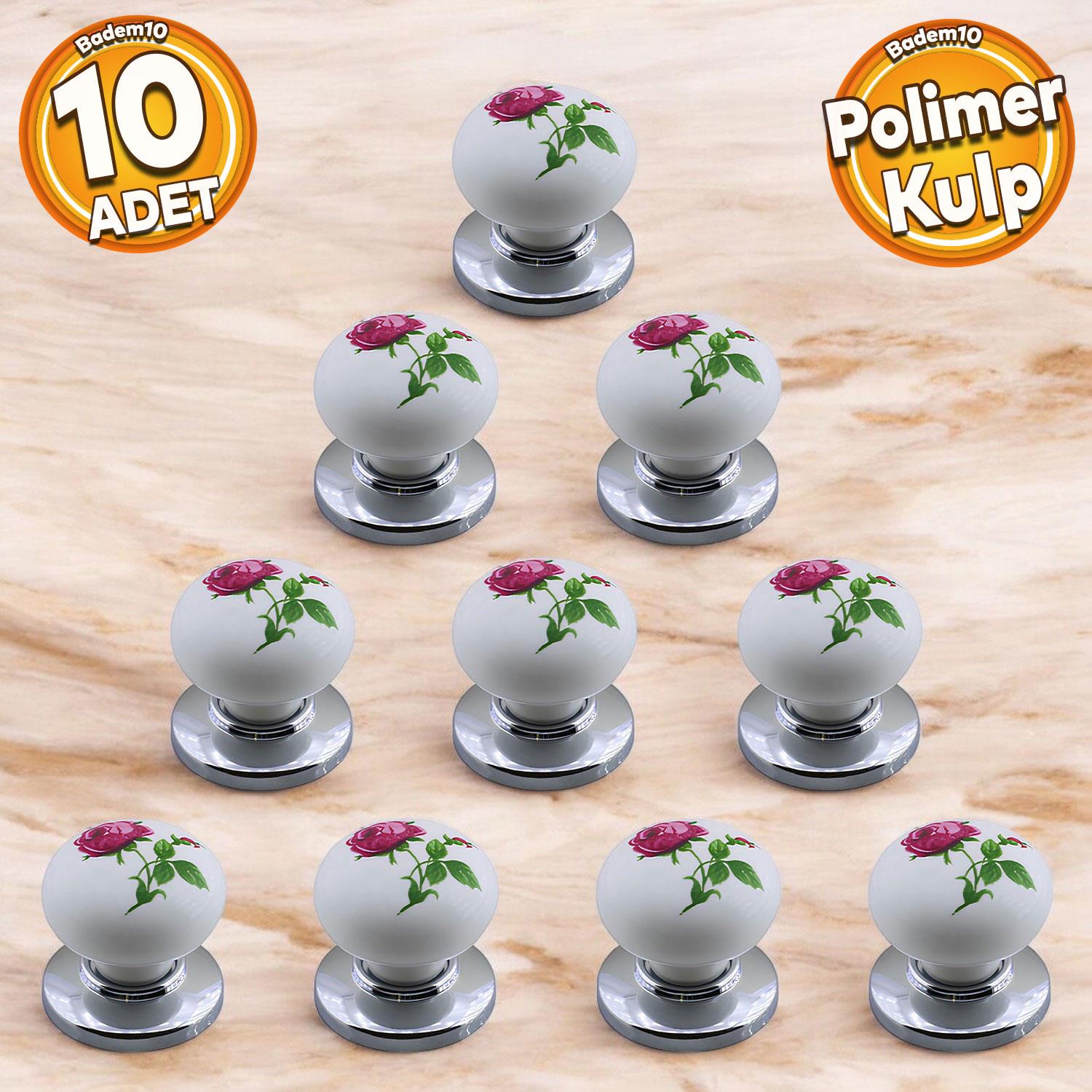 Polimer Düğme Kulp Gül Desenli Krom Tabla Mobilya Mutfak Dolabı Çekmece Dolap Kulpu Kulbu 10 ADET