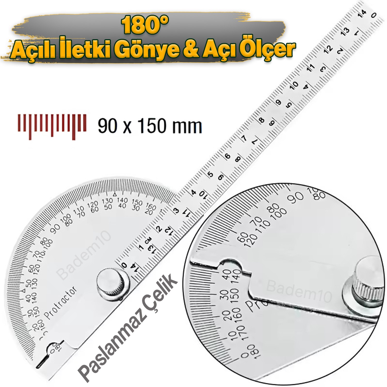 90x150 Mm Paslanmaz Çelik 180° Derece Çok Fonksiyonlu Marangoz Aleti Gönye Açı Ölçer Cetvel İletki