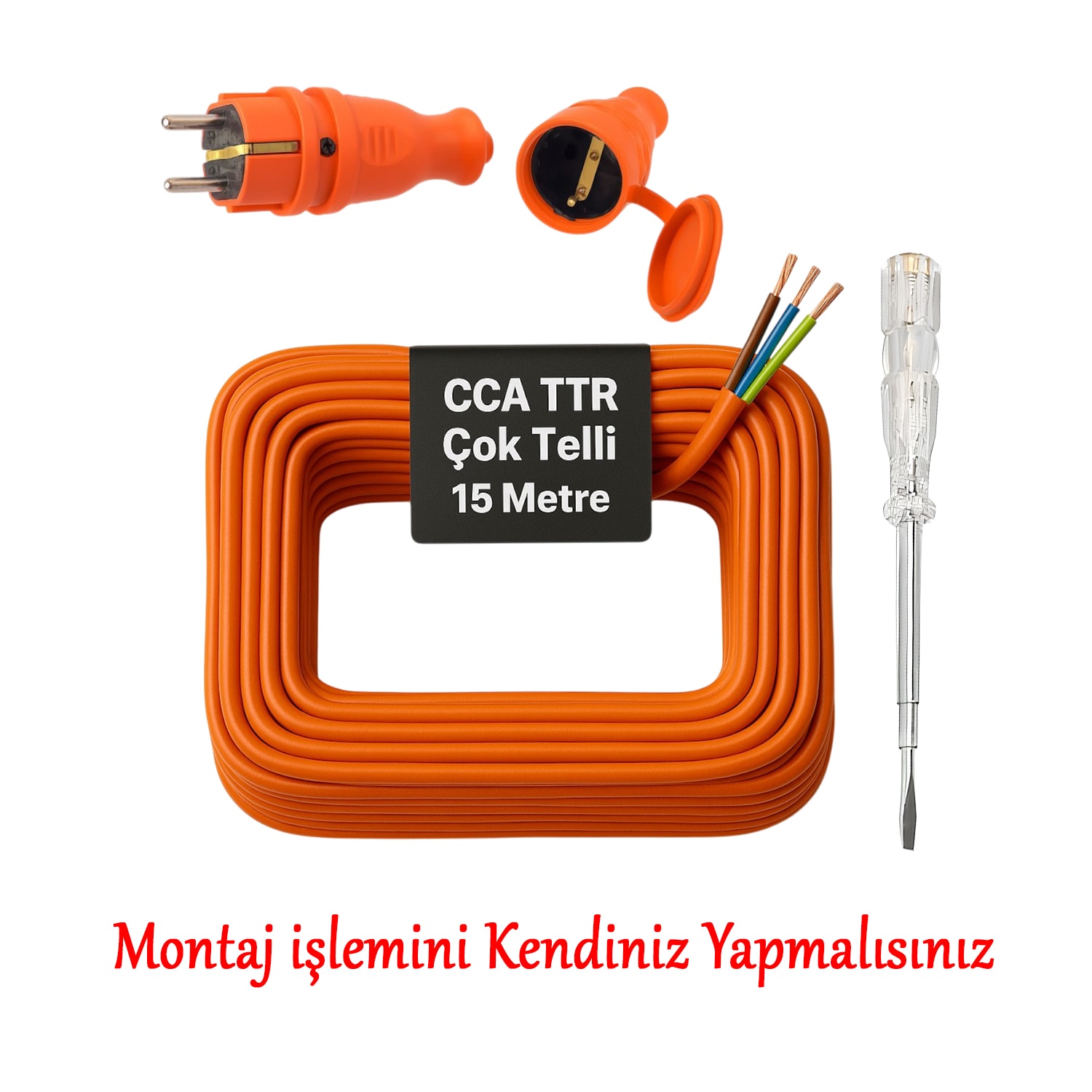 Seyyar 15 Metre Uzatma Kablosu TTR CCA Telli 3x1.5 mm Elektrik Kablo Kontrol Kalem Dişi Erkek Fiş