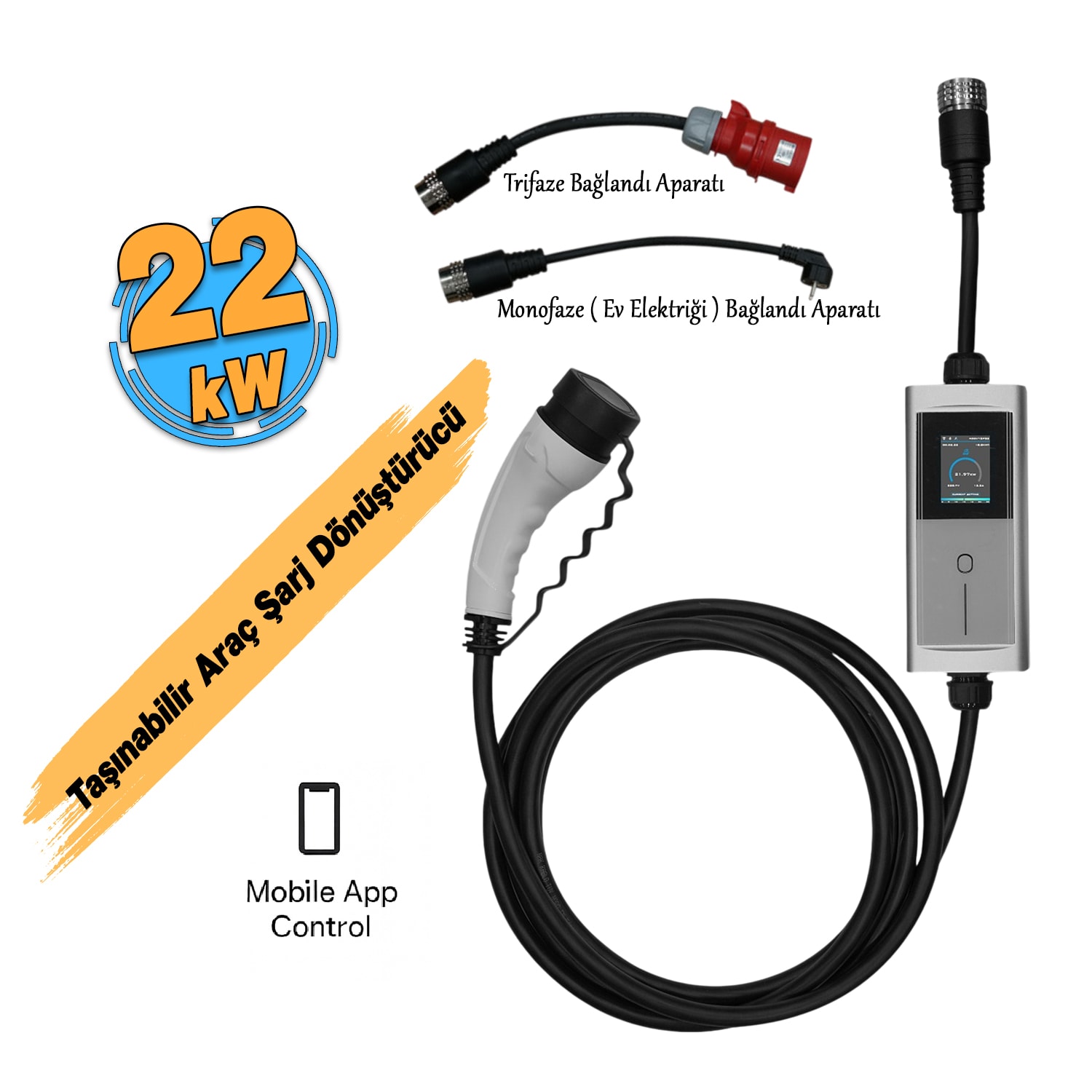 Taşınabilir Elektrikli Wallbox Araç Şarj Dönüştürücüsü Cihaz 22 kW Type-2 Soket Mobil Uygulamalı