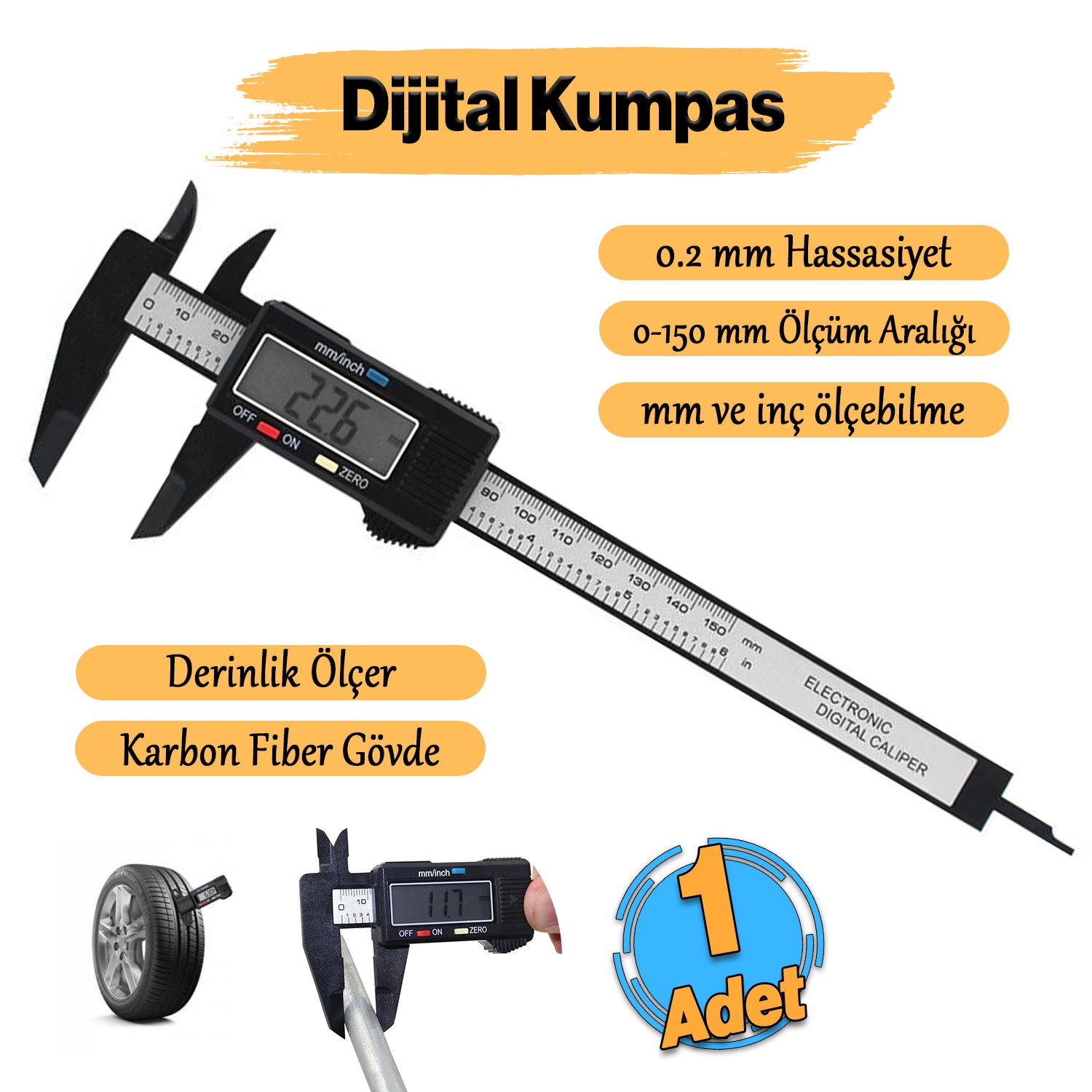 Dijital Kumpas Plastik Çene 150 mm LCD Ekran Lastik Derinlik Çap Ölçme 0.2 mm Hassasiyet İnç Ölçüm