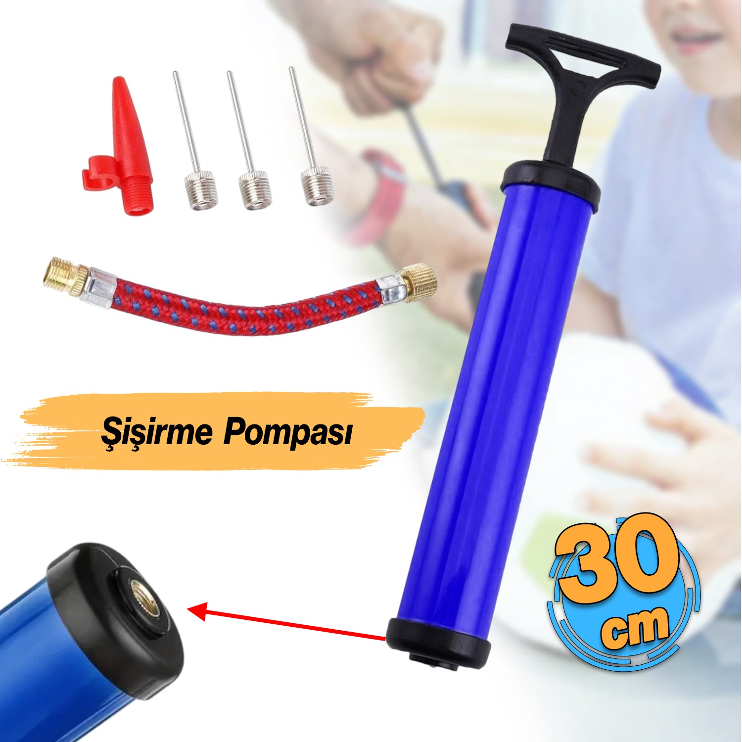 Bisiklet Pompa Seti 30 cm El Tipi Ayak Tutamaklı Hava Top Şişirme Plastik Başlıklı Borulu İğne Uçlu