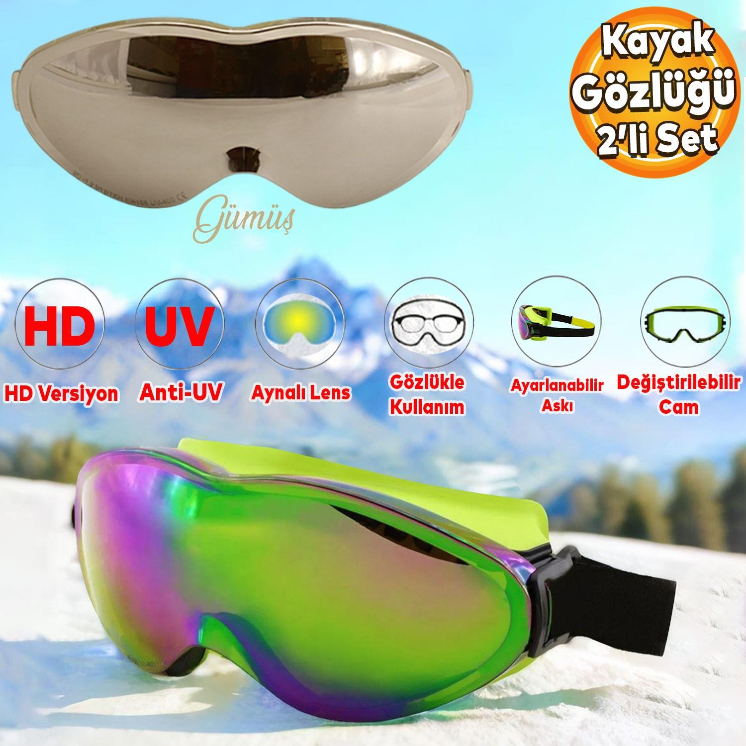 Bellasimo Kayak Gözlüğü Değiştirebilir Camlı Antifog Güneş Kar Gözlük Gökkuşağı Snowboard Glasses Gözlük+1 Adet Yedek Cam (Gümüş)