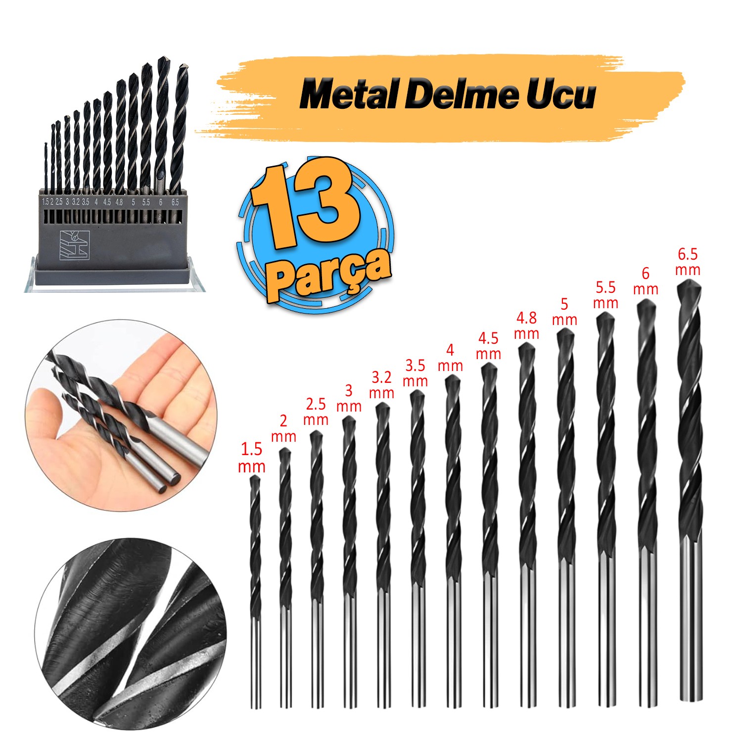 Metal Delme Matkap Ucu Seti 13 'lü Paket Çelik Metal Alüminyum Delici Uç 1.5 - 6.5 mm Arası Çap 