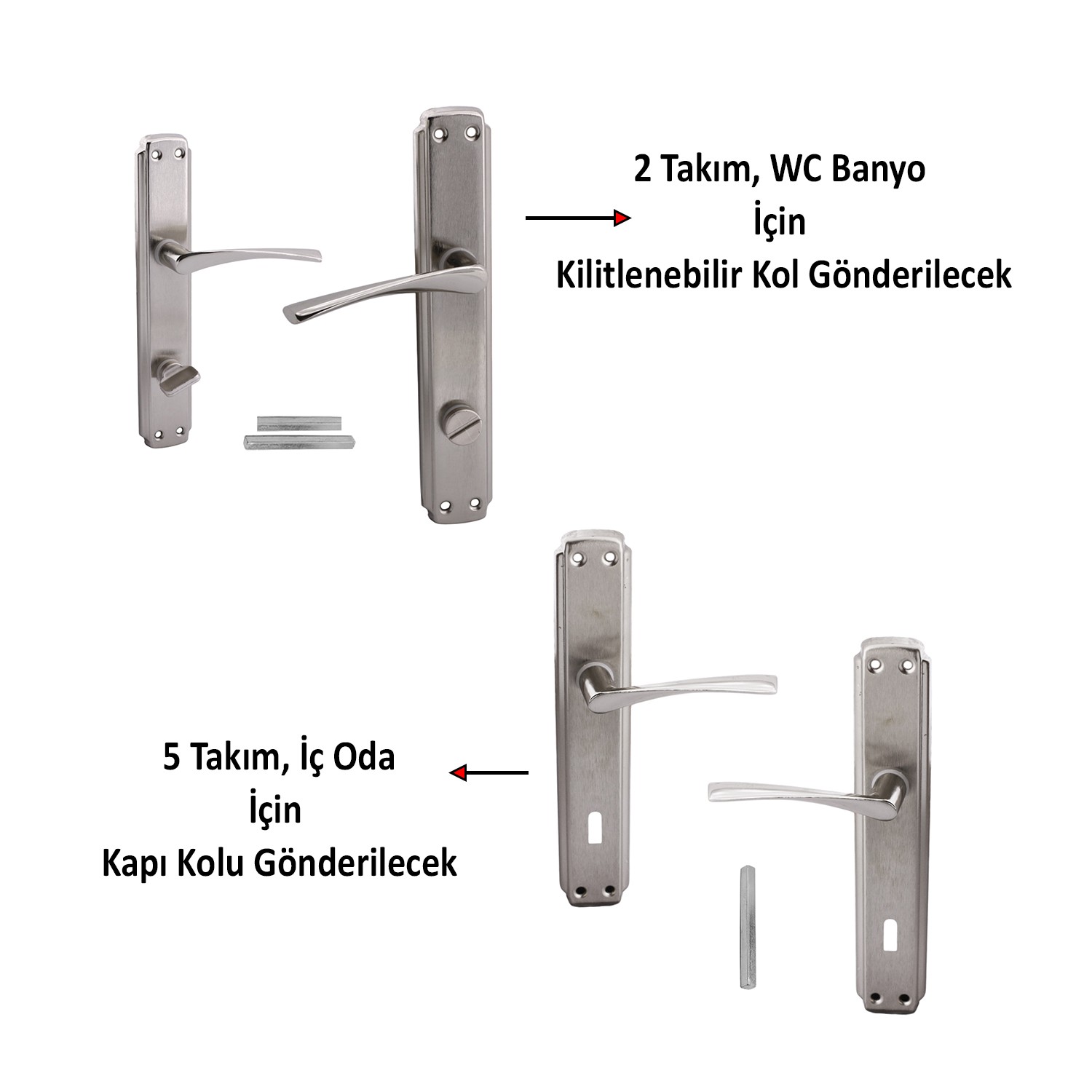 Oda Kapı Kolu ( 5 Takım ) + Wc Banyo Kapı Kolu ( 2 Takım ) Sağa Sola Uygun Tuvalet Kapı Kolu Seti