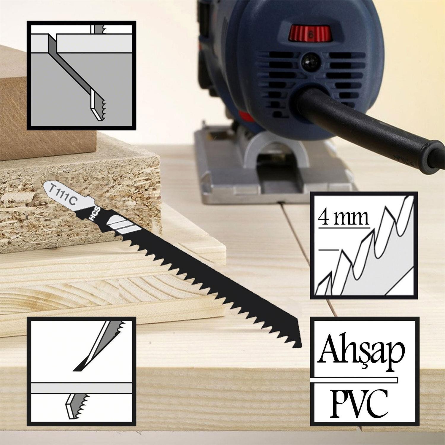 Plastik Ahşap MDF Kesim Dekupaj Testere Bıçağı Yedek 10 cm Metal Bıçak T111C Kakmacı 5 Adet Set