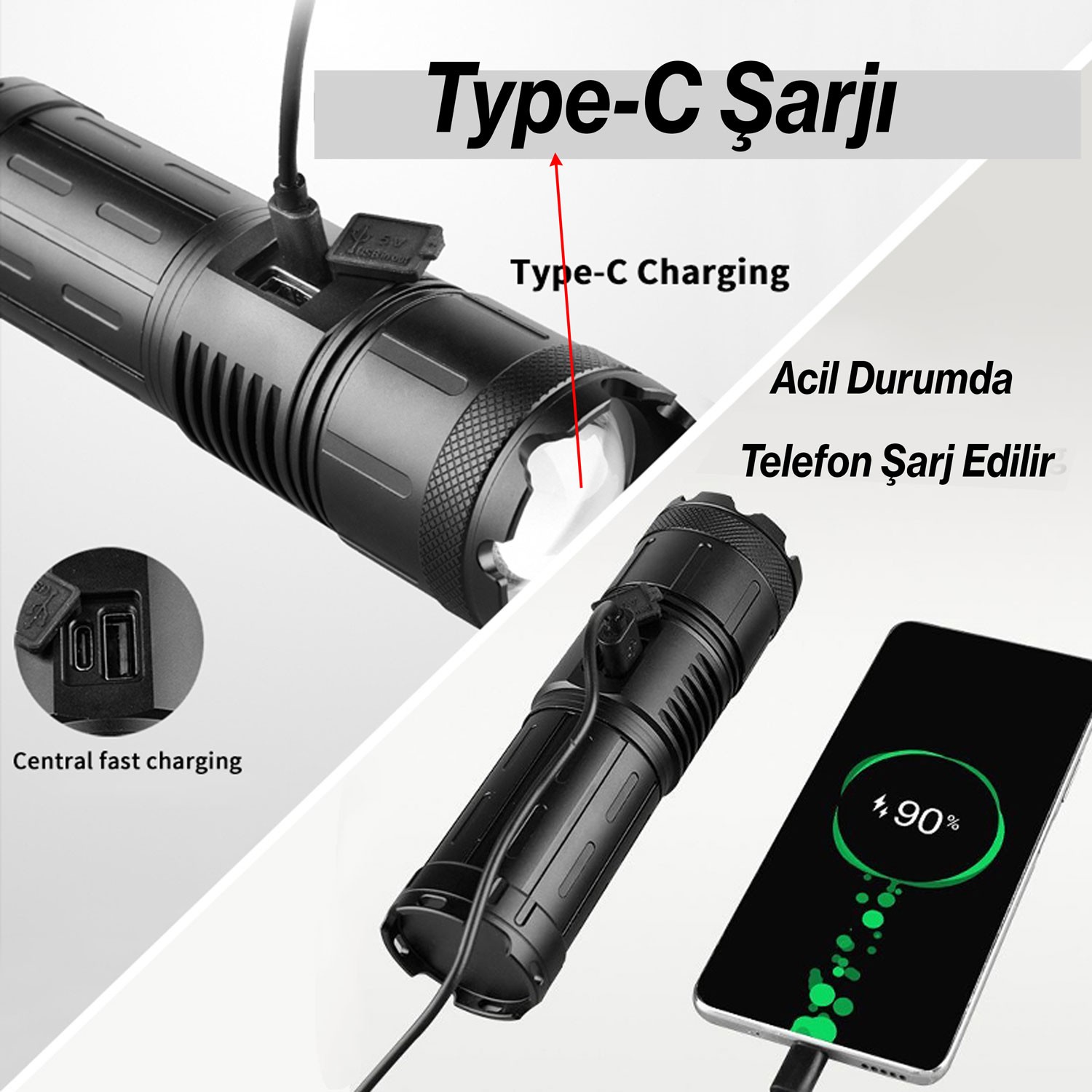 El Feneri 8000 Lümen 80W Zoomlu Uzun Menzil Şarjlı Powerbank Ledli Işık Lambası Su Geçirmez Kamp
