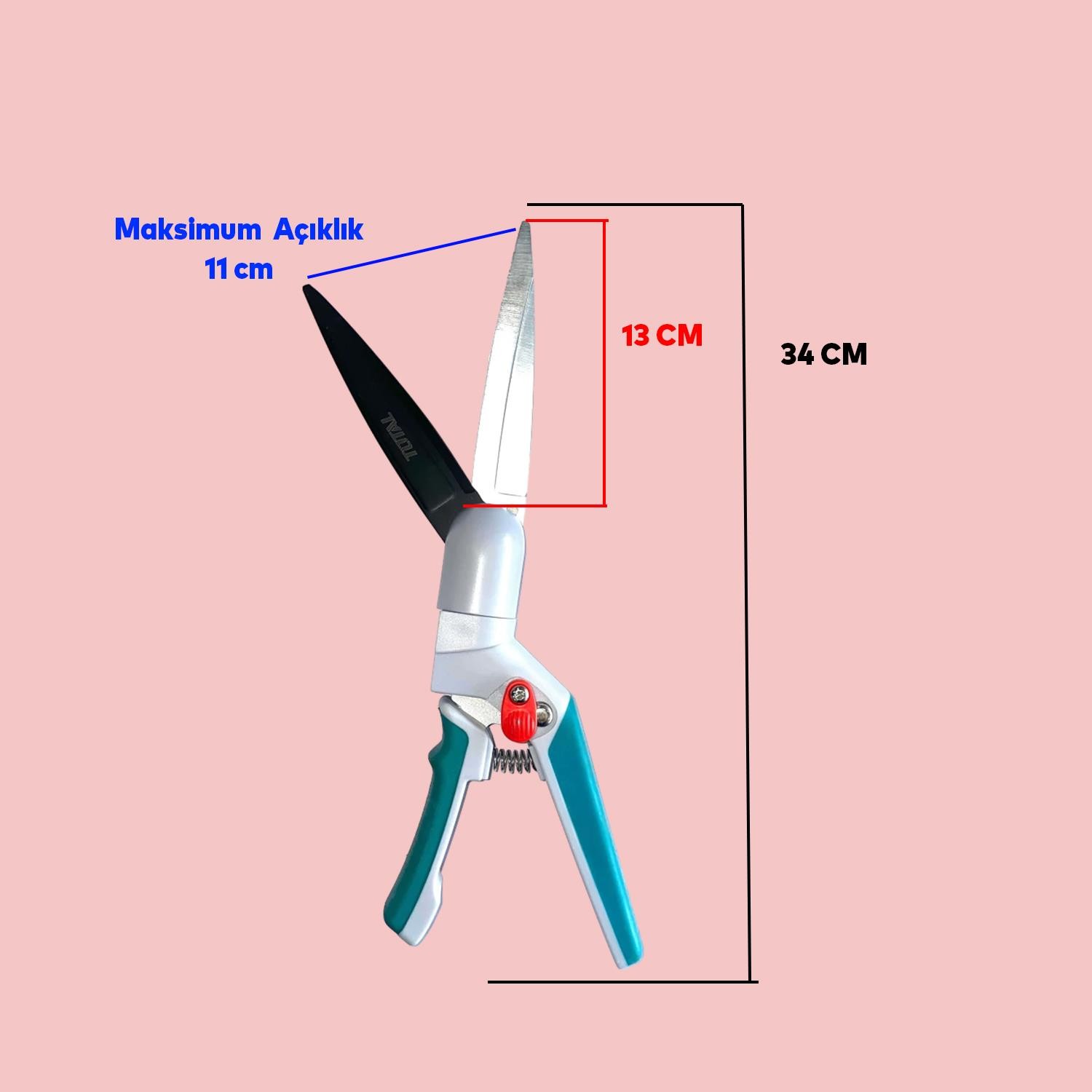 Bahçıvan Eğri Çim Budama Makası Çimen Biçme Kesme Makas 34 cm Döner Başlı Keskin Metal