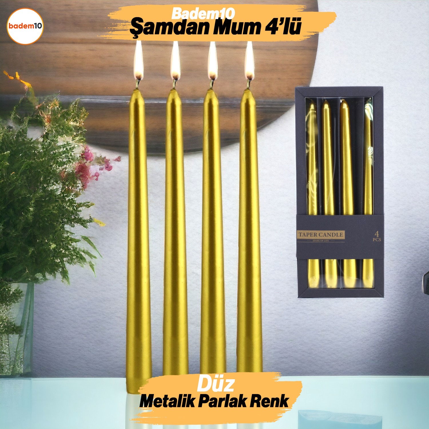 Şamdan Mum 4'lü Metalik Boya Gold Dekoratif Mumu Kandil Hediyelik Fitilli Mumluk Parlak Altın 25 cm