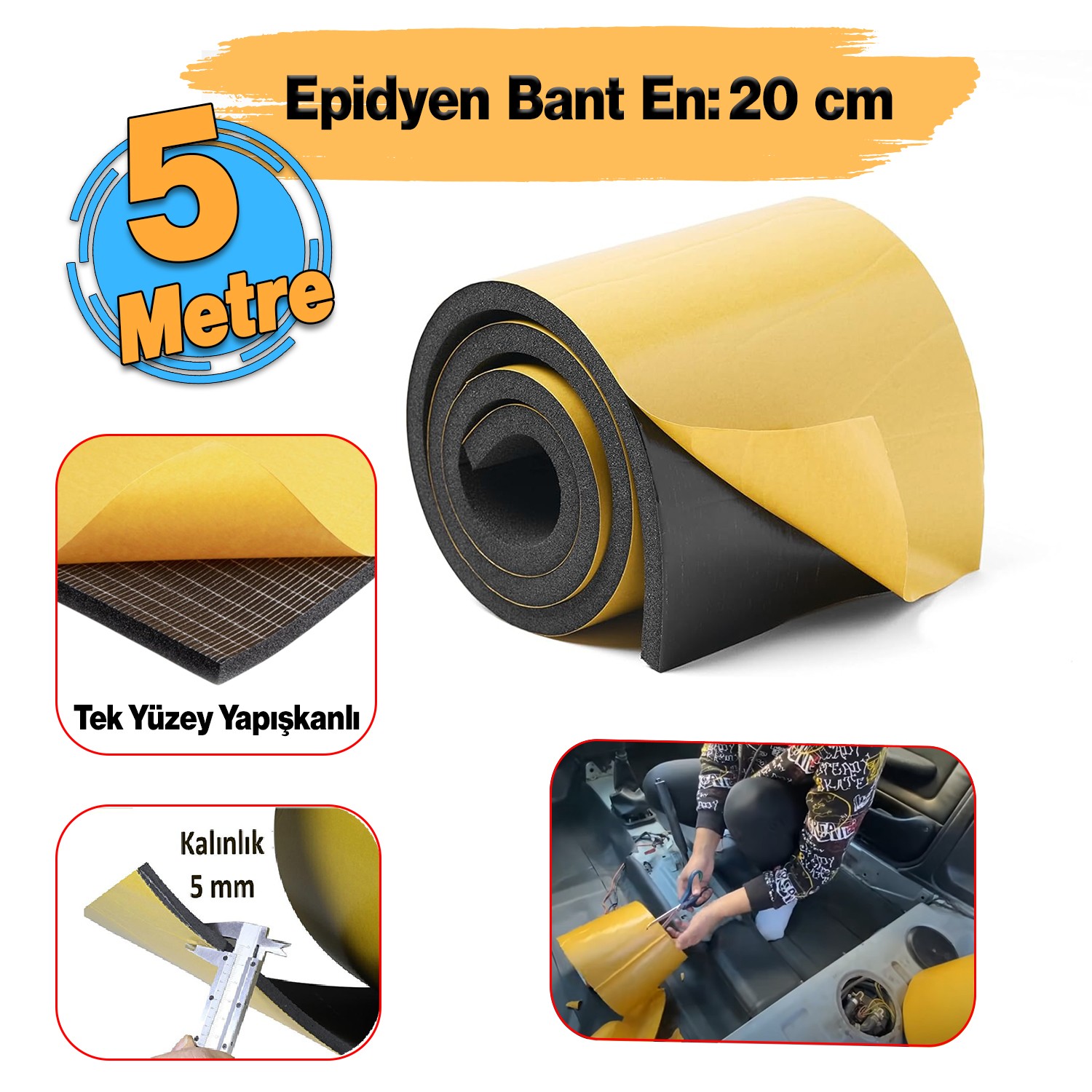 Yapışkanlı Araç Ses Isı Yalıtım İzolasyon Bandı En:20 cm Kalınlık:5 mm Uzunluk 5 Metre Kauçuk Sünger