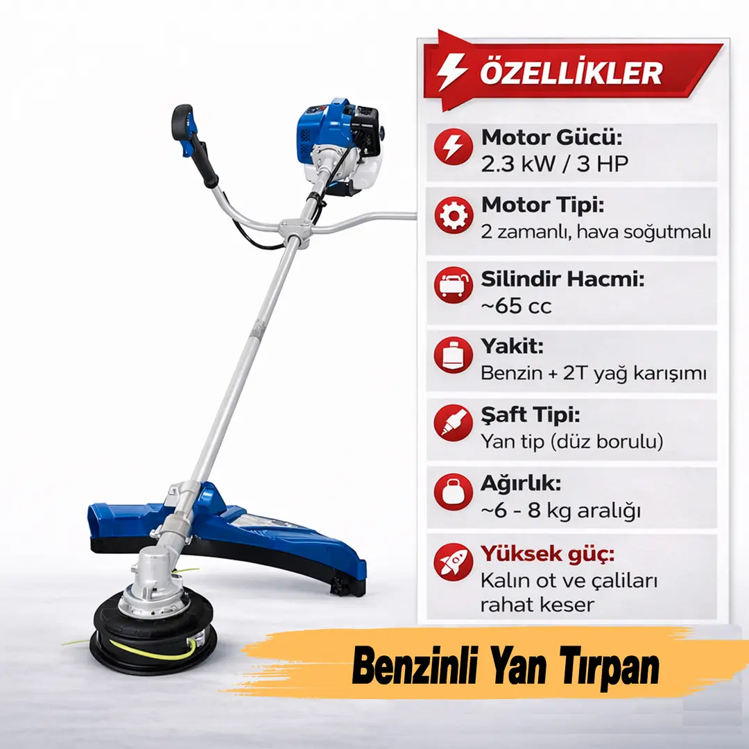 Benzinli 2 Zamanlı Yan Tırpan 2.3 kW - 3 Hp Testere 65 cc Şaft