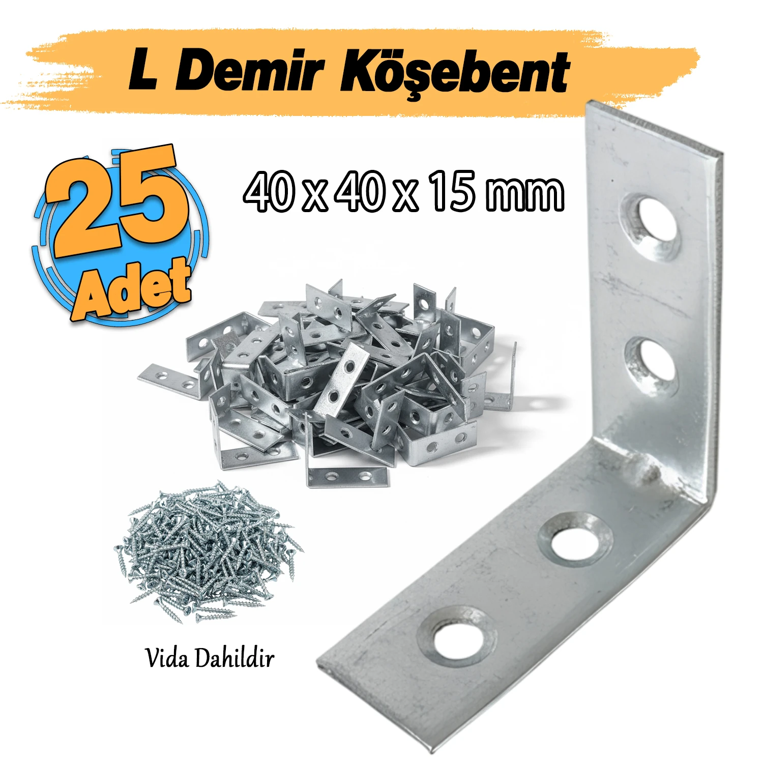 (25 ADET) Metal Köşebent 40x40x15 mm Kalın L Demiri Gönye Mobilya Duvar Sabitleme Bağlantı Aparatı